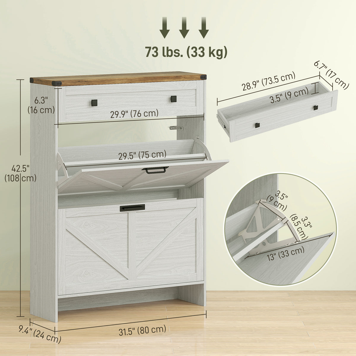Farmhouse Narrow Shoe Cabinet - 2 Flip Drawers White-Home Furnishings > Storage & Organization > Shoe Storage Cabinets & Racks-DECOROLALA