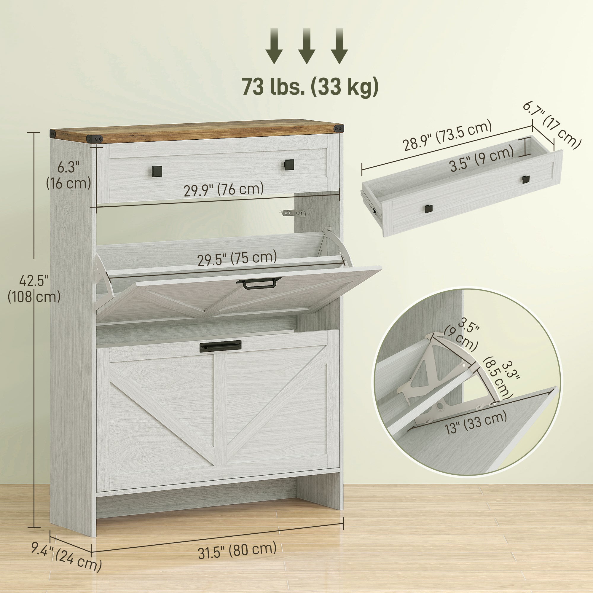 Farmhouse Narrow Shoe Cabinet - 2 Flip Drawers White-Home Furnishings > Storage & Organization > Shoe Storage Cabinets & Racks-DECOROLALA