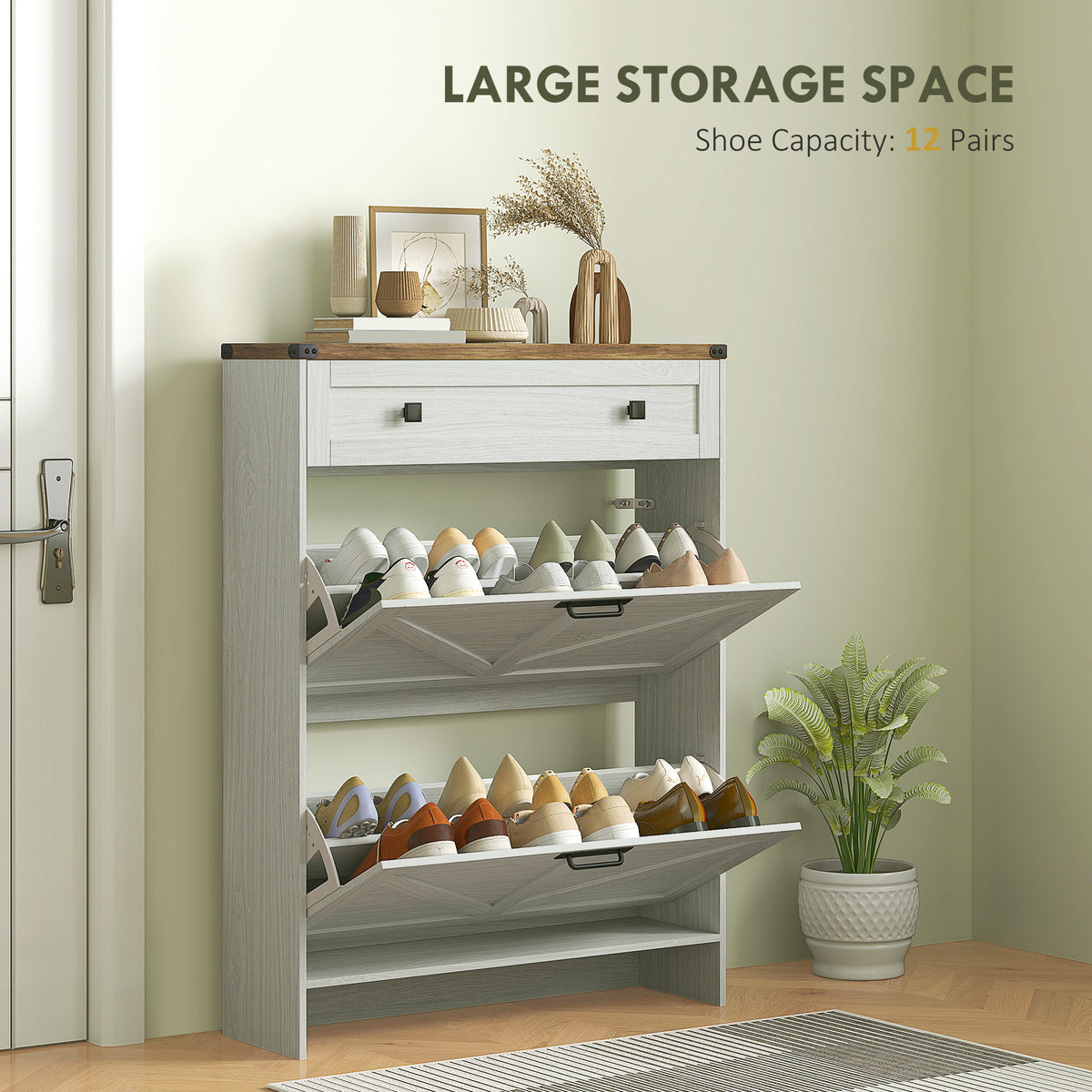 Farmhouse Narrow Shoe Cabinet - 2 Flip Drawers White-Home Furnishings > Storage & Organization > Shoe Storage Cabinets & Racks-DECOROLALA
