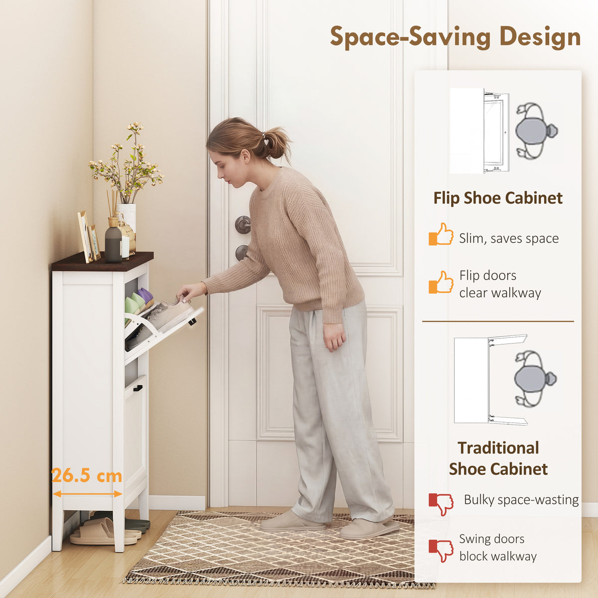 Farmhouse Narrow Shoe Cabinet - 2 Flip Drawers White-Home Furnishings > Storage & Organization > Shoe Storage Cabinets & Racks-DECOROLALA