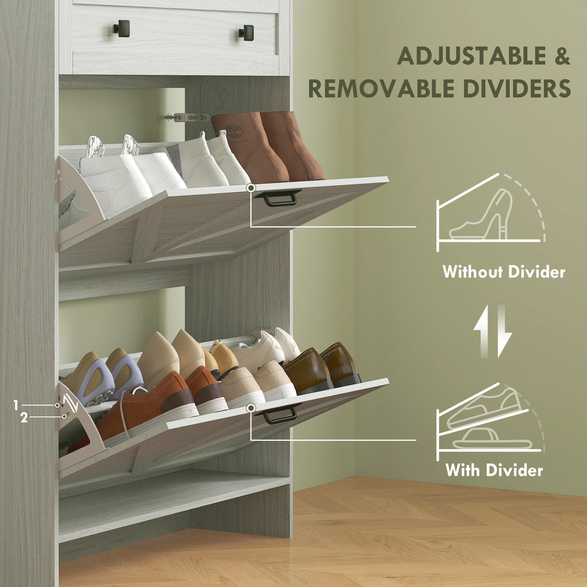 Farmhouse Narrow Shoe Cabinet - 2 Flip Drawers White-Home Furnishings > Storage & Organization > Shoe Storage Cabinets & Racks-DECOROLALA