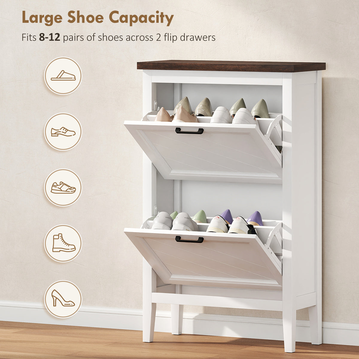 Farmhouse Narrow Shoe Cabinet - 2 Flip Drawers White-Home Furnishings > Storage & Organization > Shoe Storage Cabinets & Racks-DECOROLALA