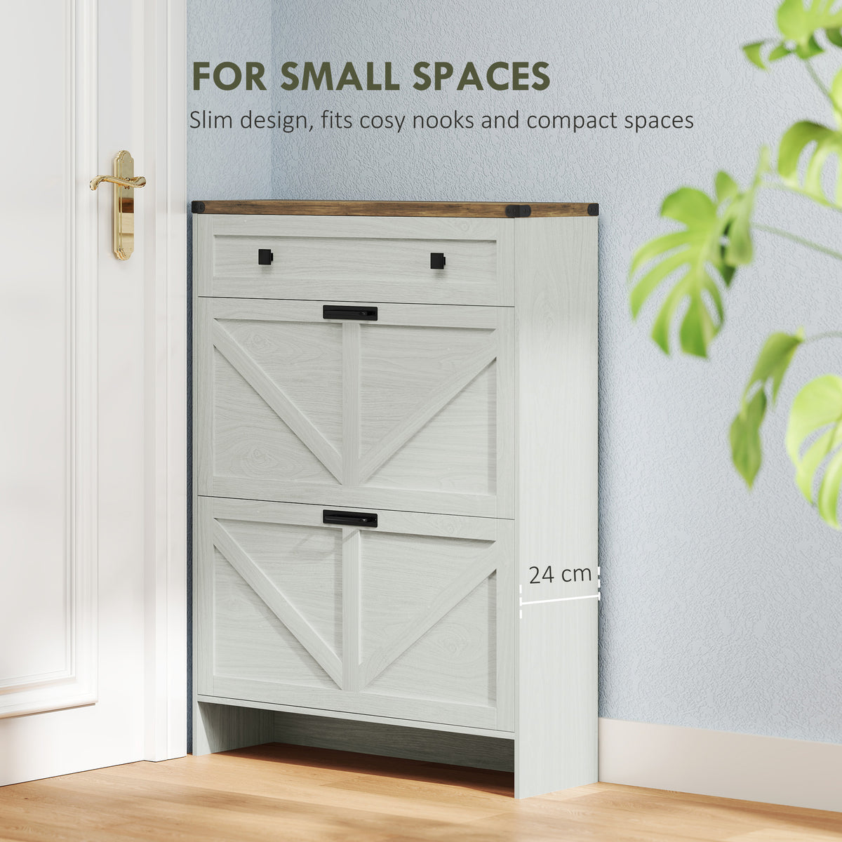 Farmhouse Narrow Shoe Cabinet - 2 Flip Drawers White-Home Furnishings > Storage & Organization > Shoe Storage Cabinets & Racks-DECOROLALA