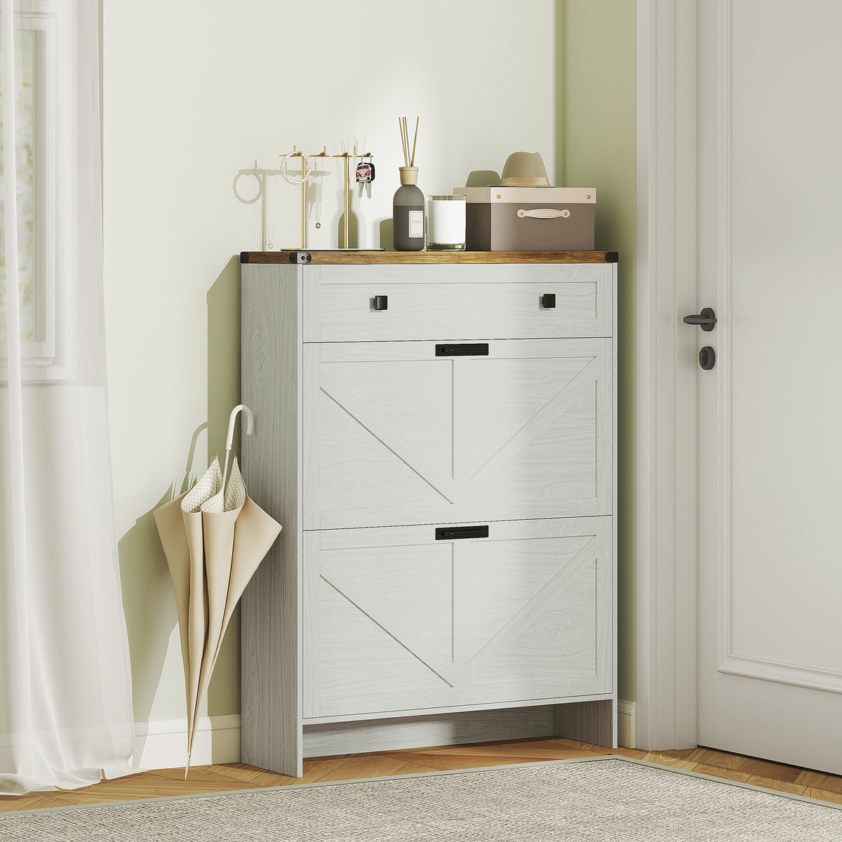Farmhouse Narrow Shoe Cabinet - 2 Flip Drawers White-Home Furnishings > Storage & Organization > Shoe Storage Cabinets & Racks-DECOROLALA
