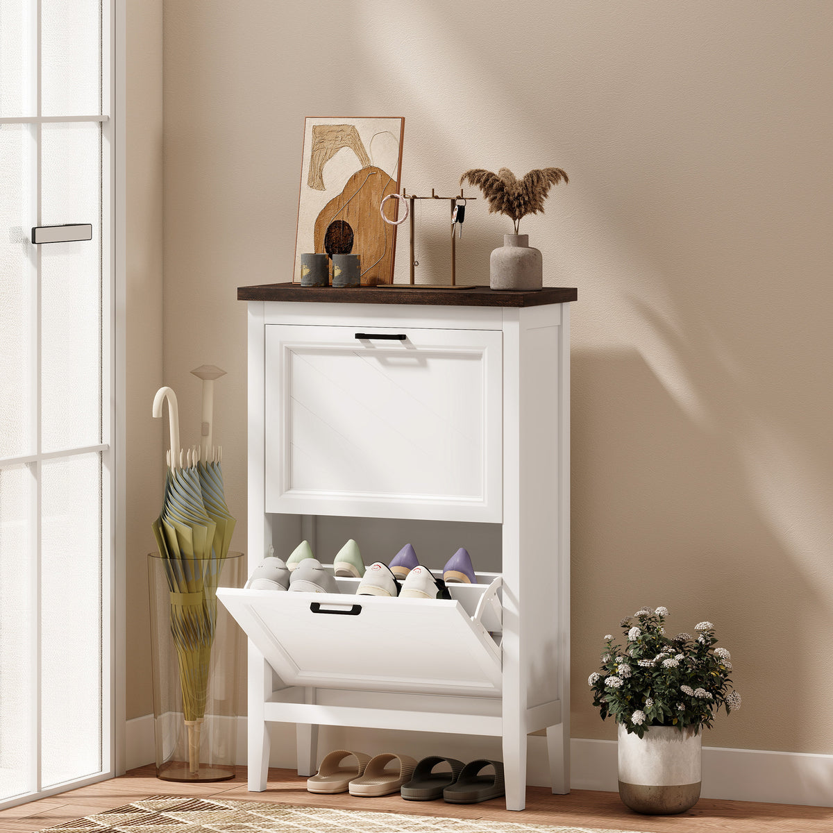 Farmhouse Narrow Shoe Cabinet - 2 Flip Drawers White-Home Furnishings > Storage & Organization > Shoe Storage Cabinets & Racks-DECOROLALA