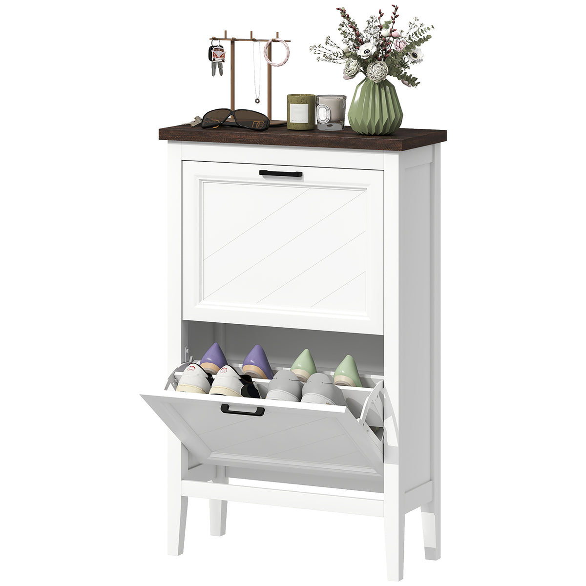Farmhouse Narrow Shoe Cabinet - 2 Flip Drawers White-Home Furnishings > Storage & Organization > Shoe Storage Cabinets & Racks-DECOROLALA