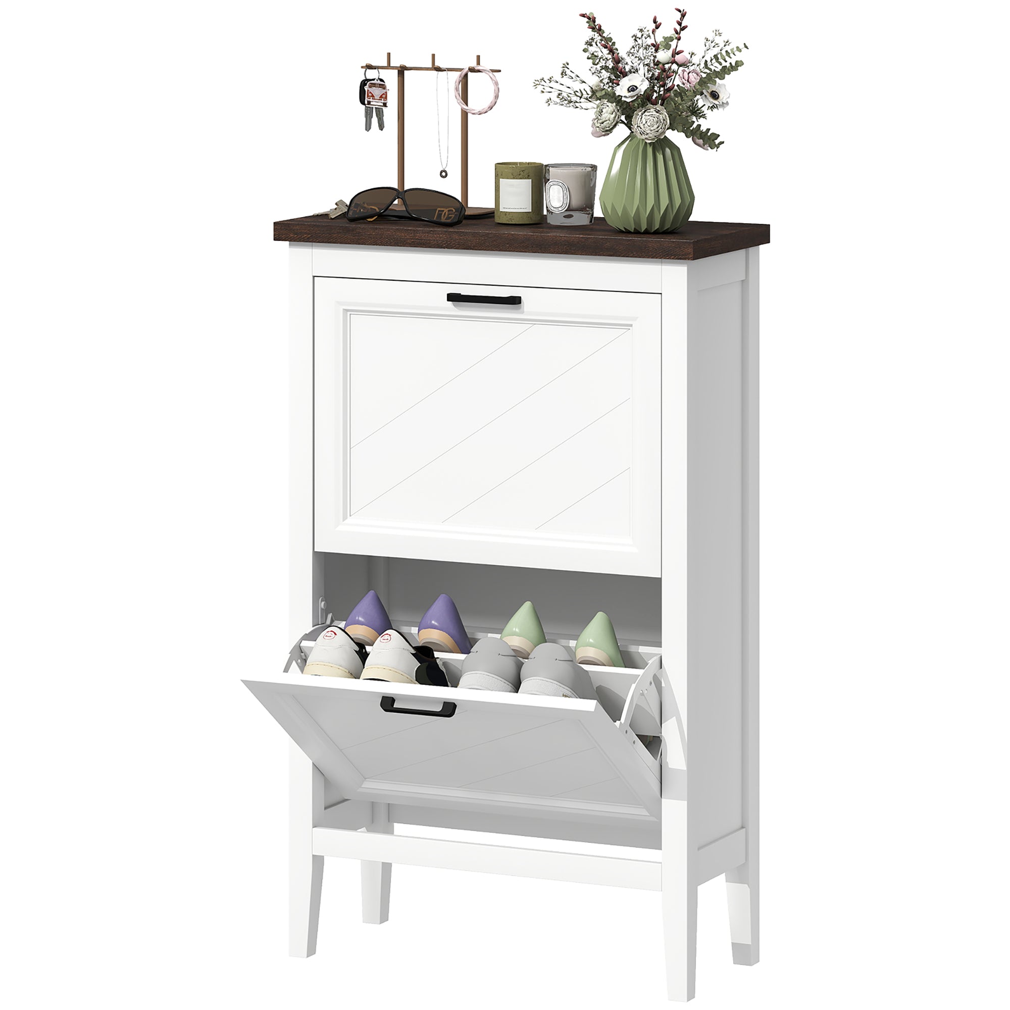 Farmhouse Narrow Shoe Cabinet - 2 Flip Drawers White-Home Furnishings > Storage & Organization > Shoe Storage Cabinets & Racks-DECOROLALA