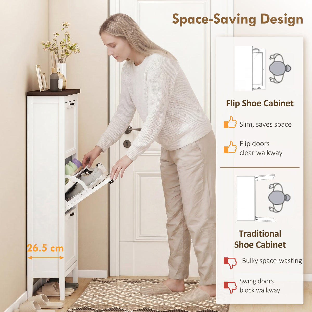 Farmhouse Narrow Shoe Cabinet - 3 Flip Drawers White-Home Furnishings > Storage & Organization > Shoe Storage Cabinets & Racks-DECOROLALA