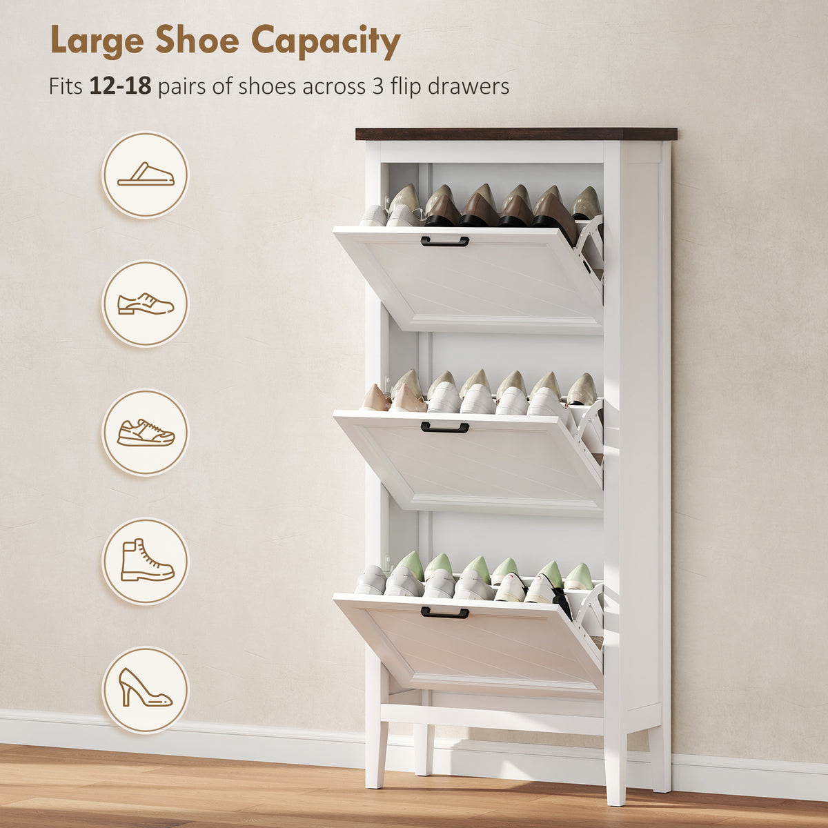 Farmhouse Narrow Shoe Cabinet - 3 Flip Drawers White-Home Furnishings > Storage & Organization > Shoe Storage Cabinets & Racks-DECOROLALA