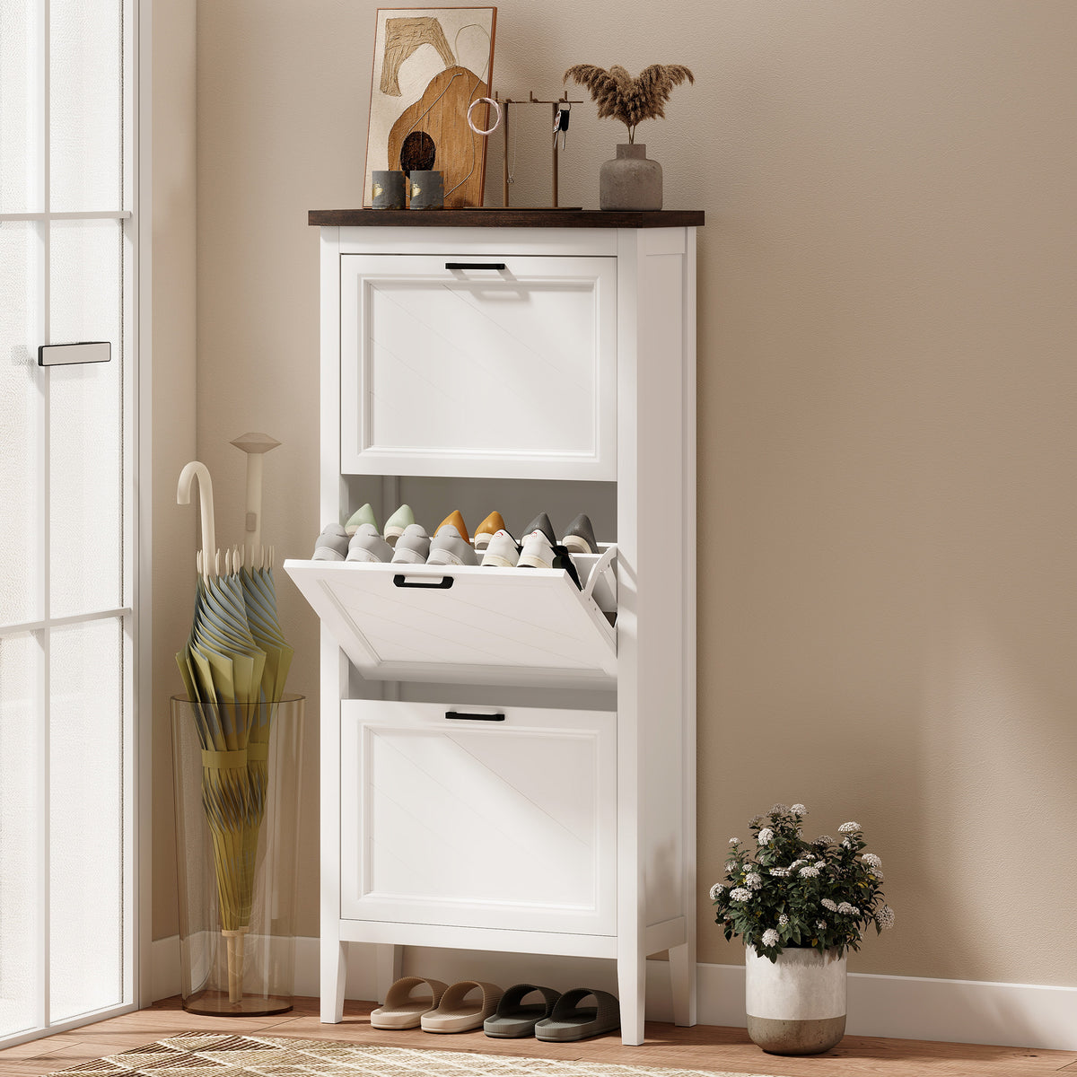 Farmhouse Narrow Shoe Cabinet - 3 Flip Drawers White-Home Furnishings > Storage & Organization > Shoe Storage Cabinets & Racks-DECOROLALA