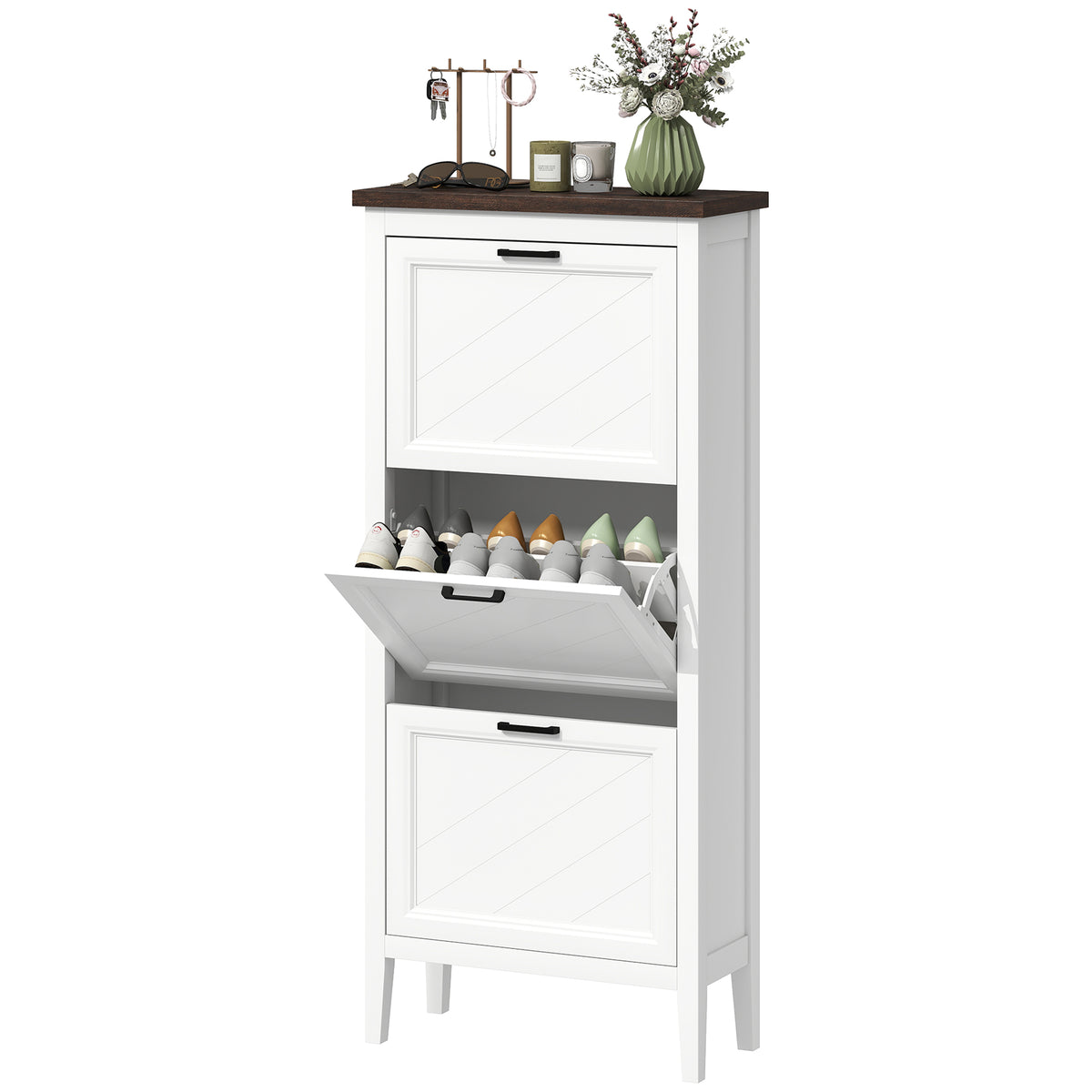 Farmhouse Narrow Shoe Cabinet - 3 Flip Drawers White-Home Furnishings > Storage & Organization > Shoe Storage Cabinets & Racks-DECOROLALA