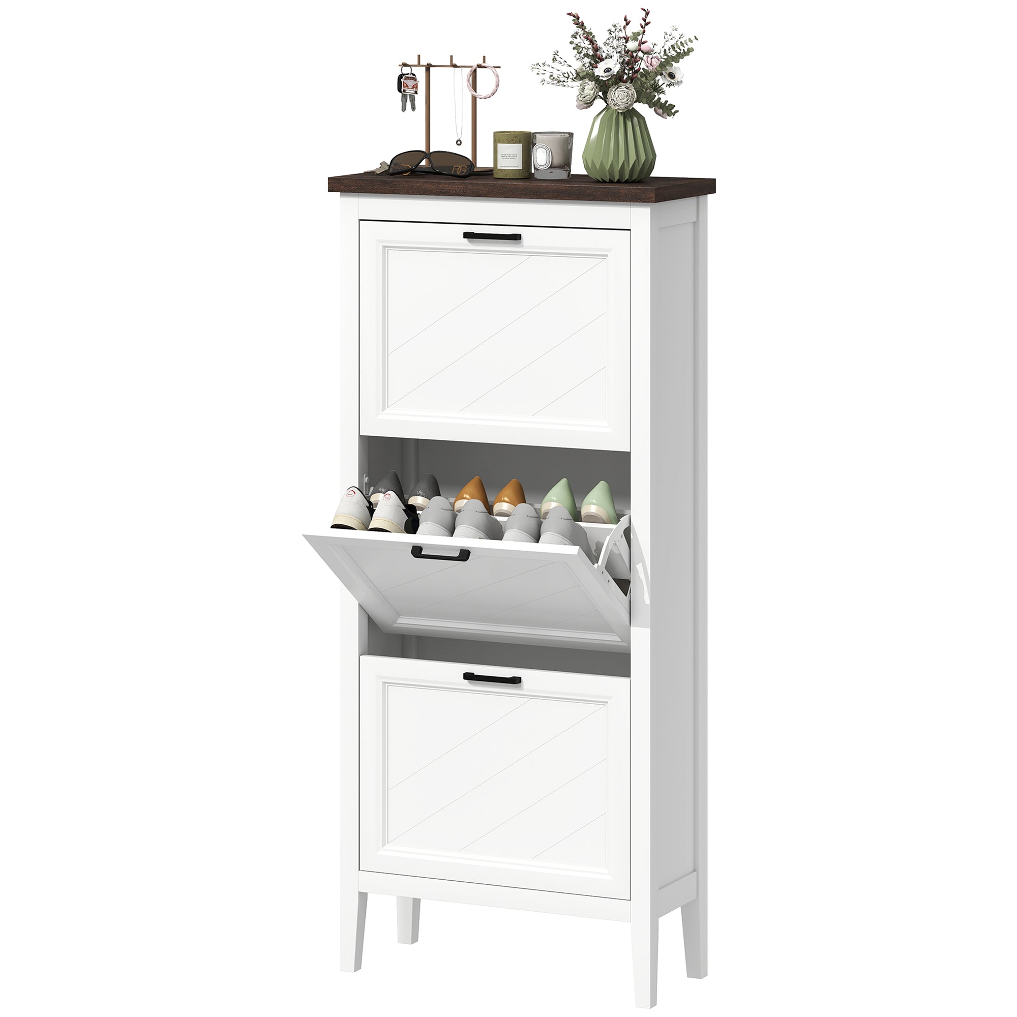 Farmhouse Narrow Shoe Cabinet - 3 Flip Drawers White-Home Furnishings > Storage & Organization > Shoe Storage Cabinets & Racks-DECOROLALA