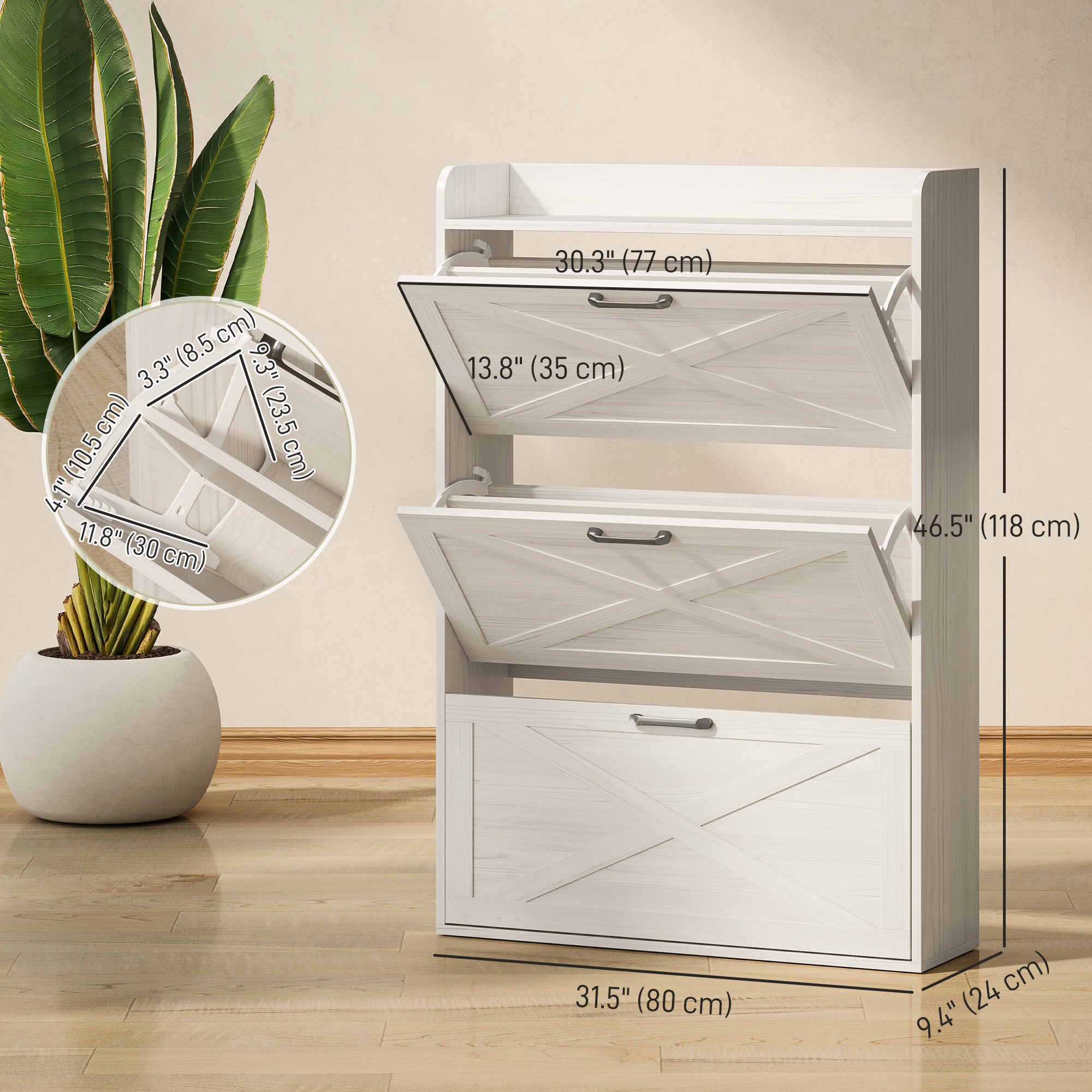 Farmhouse Narrow Shoe Cabinet - 3 Flip Drawers White Oak-Home Furnishings > Storage & Organization > Shoe Storage Cabinets & Racks-DECOROLALA