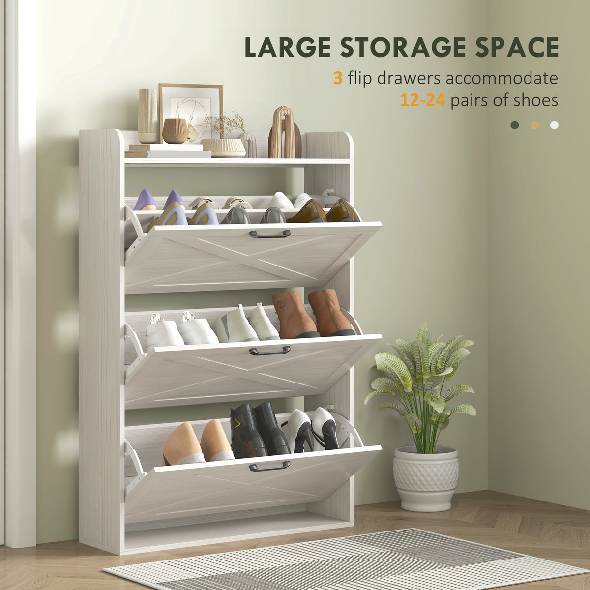 Farmhouse Narrow Shoe Cabinet - 3 Flip Drawers White Oak-Home Furnishings > Storage & Organization > Shoe Storage Cabinets & Racks-DECOROLALA