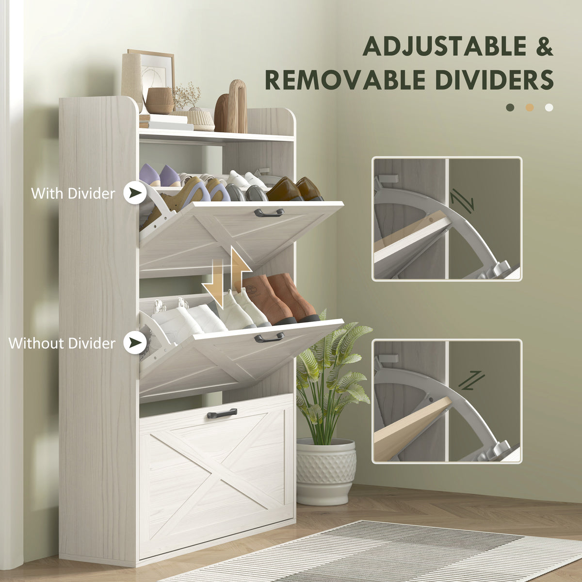 Farmhouse Narrow Shoe Cabinet - 3 Flip Drawers White Oak-Home Furnishings > Storage & Organization > Shoe Storage Cabinets & Racks-DECOROLALA