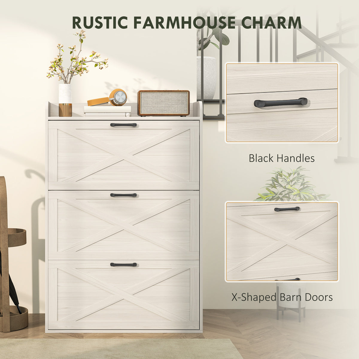 Farmhouse Narrow Shoe Cabinet - 3 Flip Drawers White Oak-Home Furnishings > Storage & Organization > Shoe Storage Cabinets & Racks-DECOROLALA