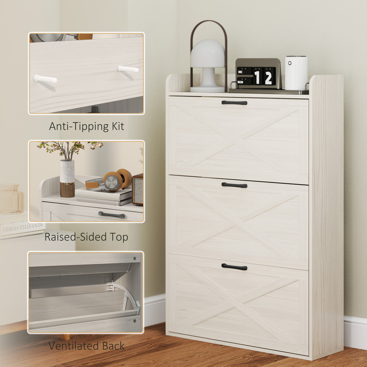 Farmhouse Narrow Shoe Cabinet - 3 Flip Drawers White Oak-Home Furnishings > Storage & Organization > Shoe Storage Cabinets & Racks-DECOROLALA