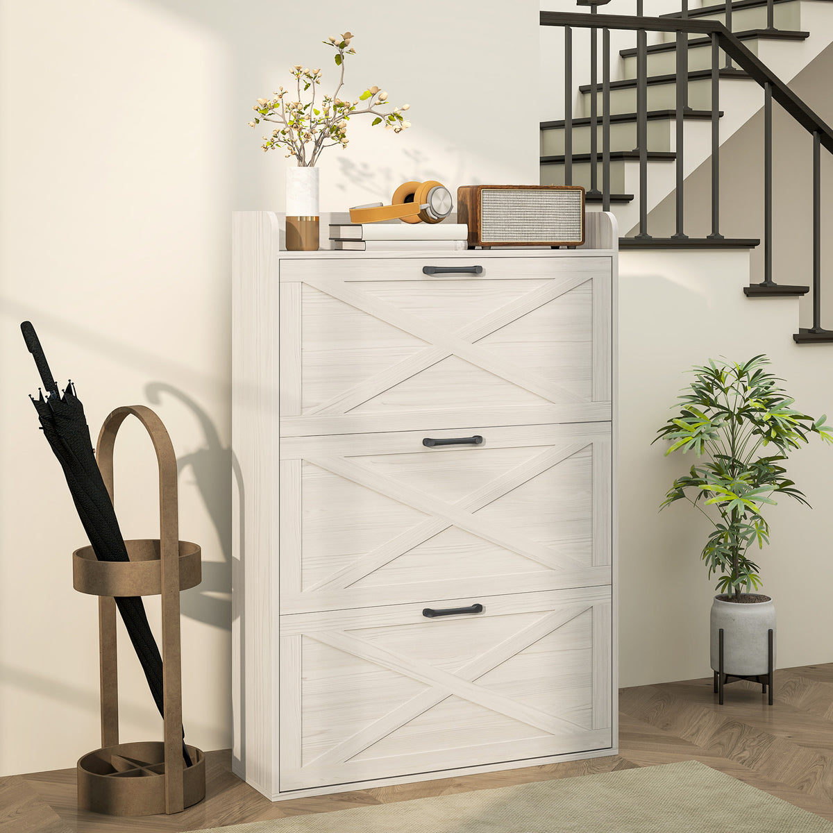 Farmhouse Narrow Shoe Cabinet - 3 Flip Drawers White Oak-Home Furnishings > Storage & Organization > Shoe Storage Cabinets & Racks-DECOROLALA
