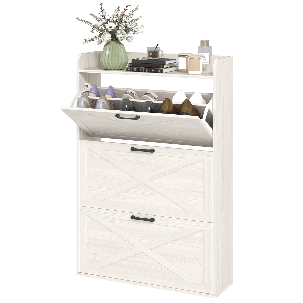 Farmhouse Narrow Shoe Cabinet - 3 Flip Drawers White Oak-Home Furnishings > Storage & Organization > Shoe Storage Cabinets & Racks-DECOROLALA