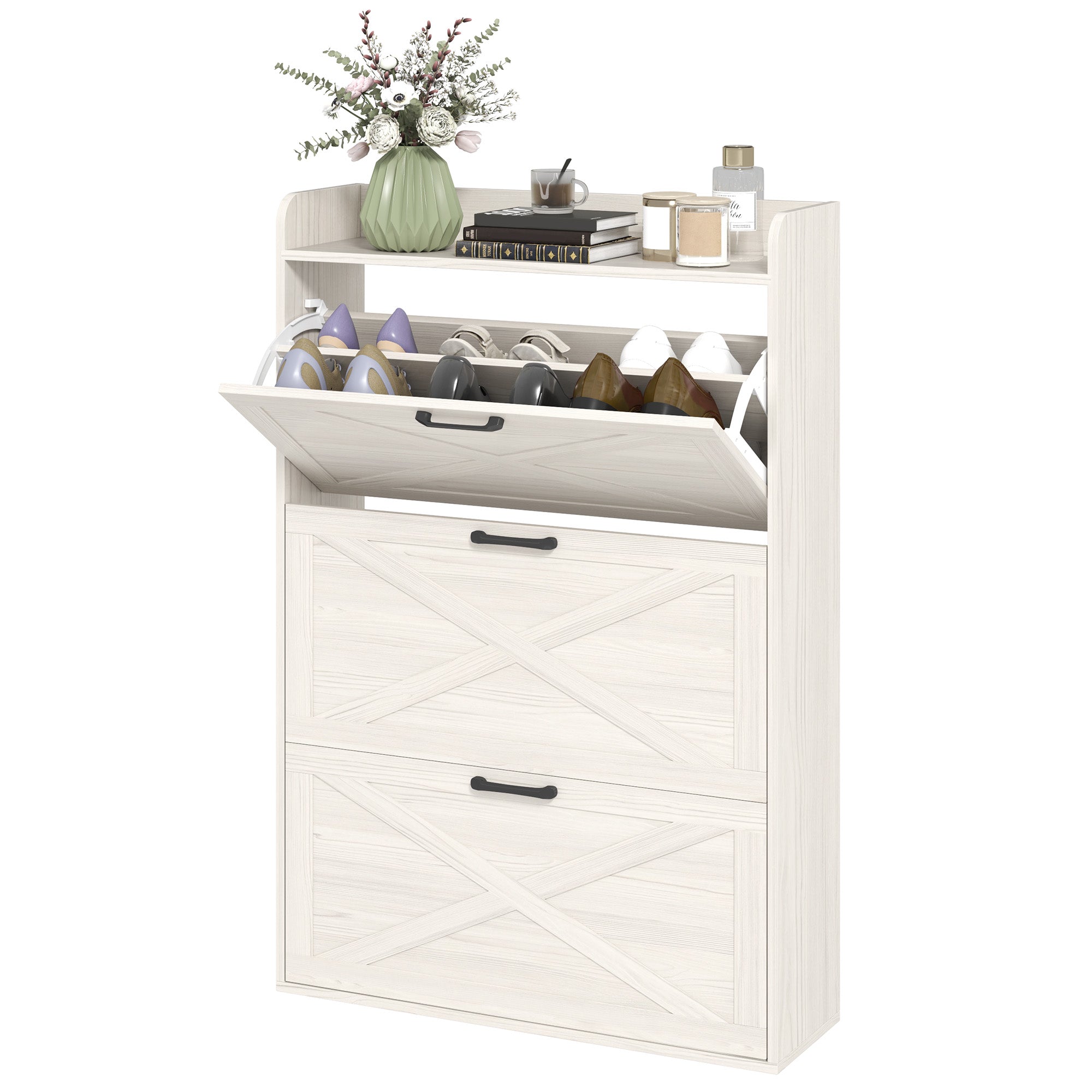 Farmhouse Narrow Shoe Cabinet - 3 Flip Drawers White Oak-Home Furnishings > Storage & Organization > Shoe Storage Cabinets & Racks-DECOROLALA