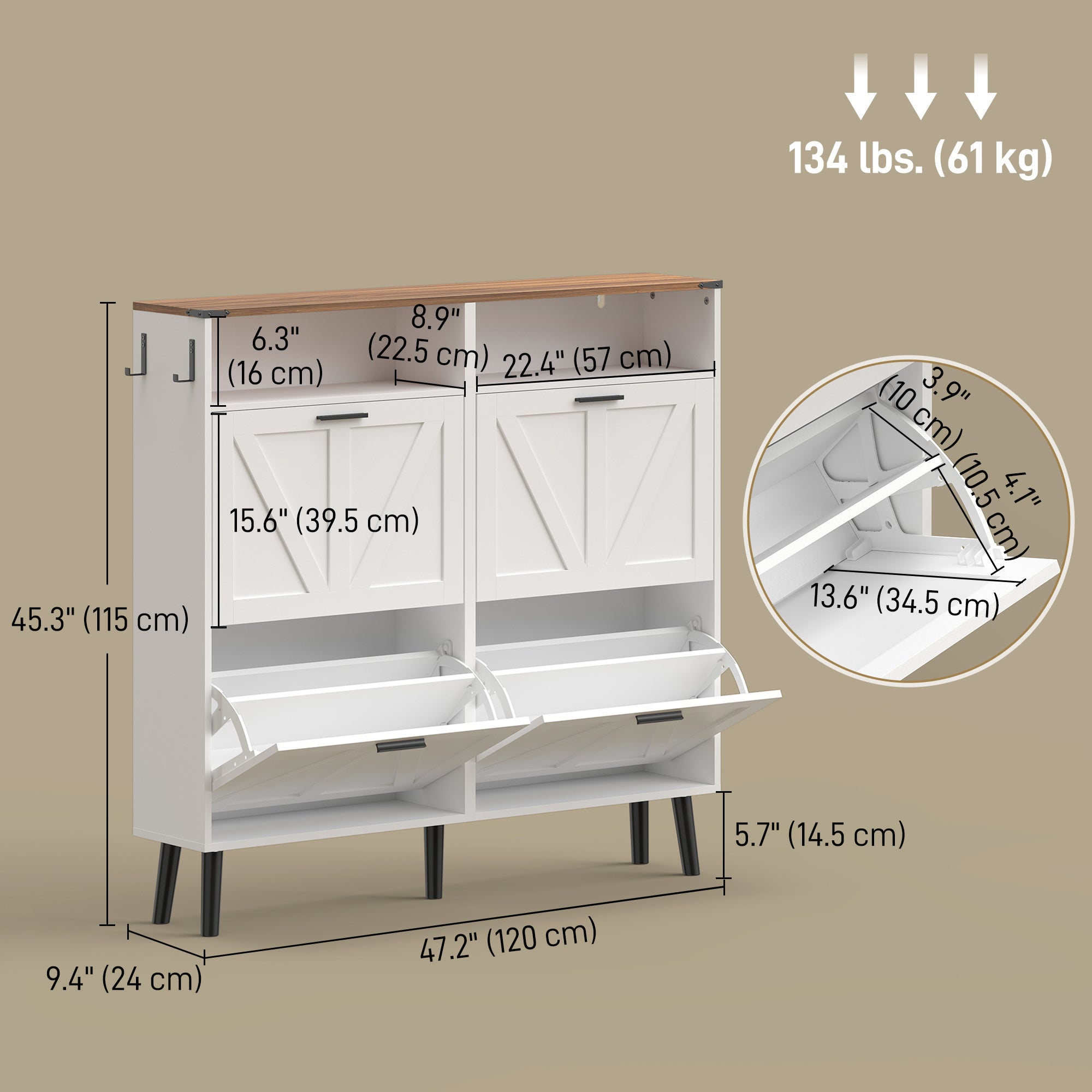 Farmhouse Narrow Shoe Cabinet - 4 Flip Drawers, 24 Pairs White-DECOROLALA