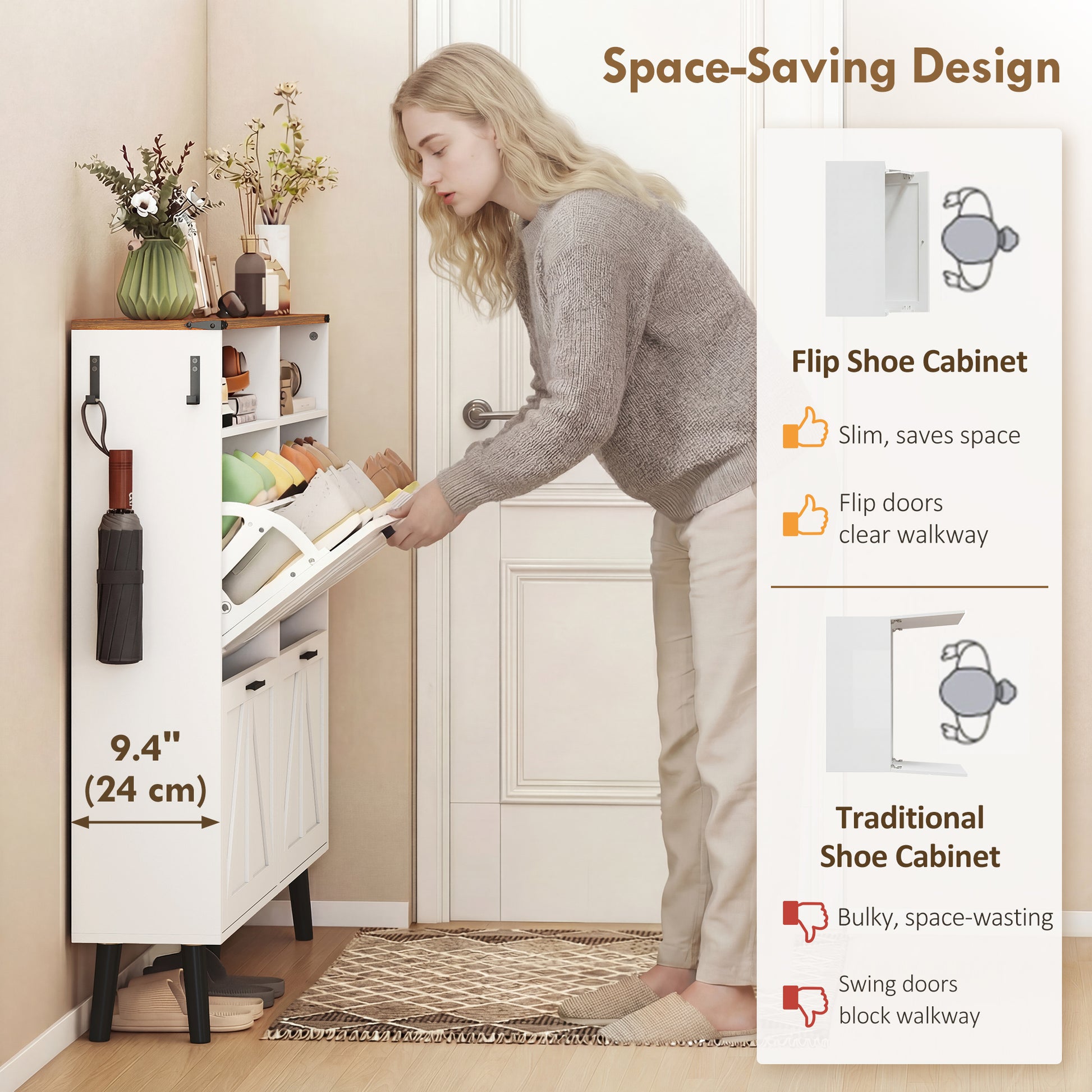 Farmhouse Narrow Shoe Cabinet - 4 Flip Drawers, 24 Pairs White-DECOROLALA