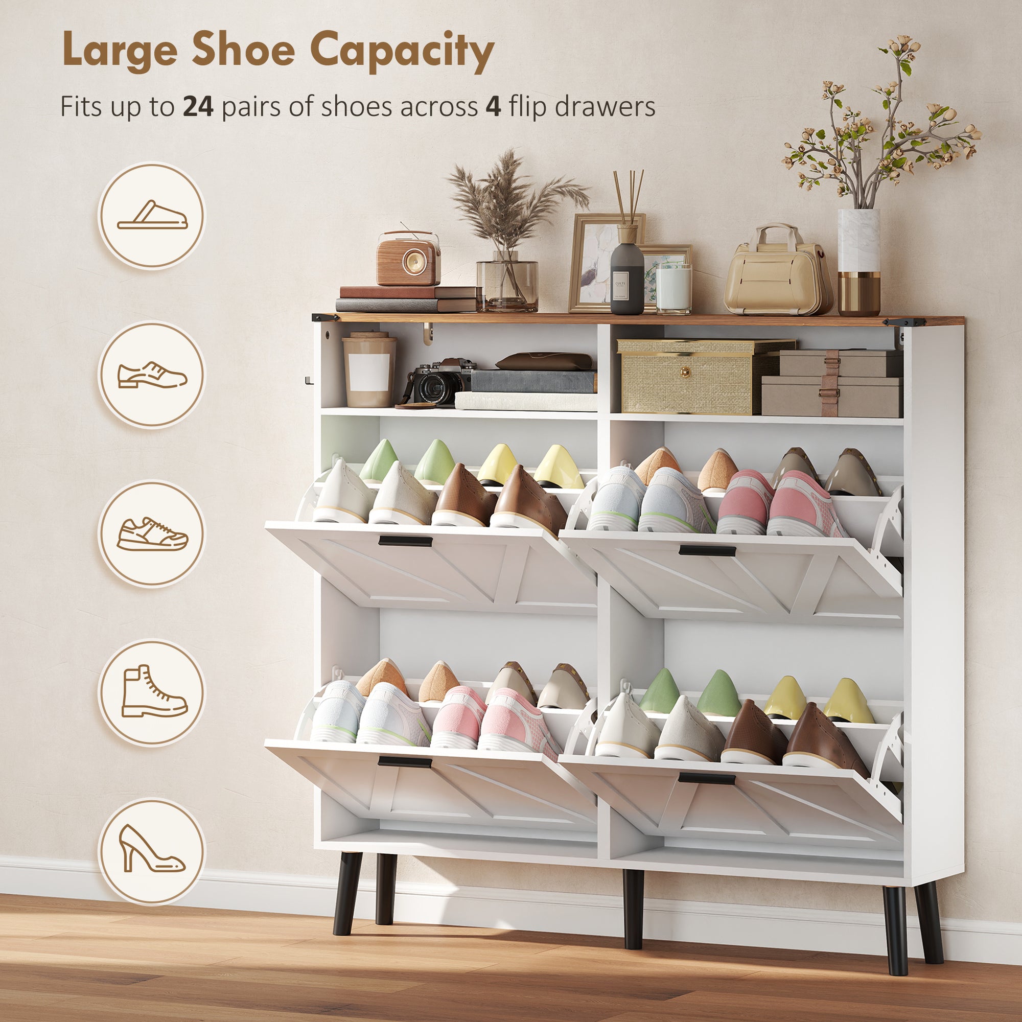 Farmhouse Narrow Shoe Cabinet - 4 Flip Drawers, 24 Pairs White-DECOROLALA