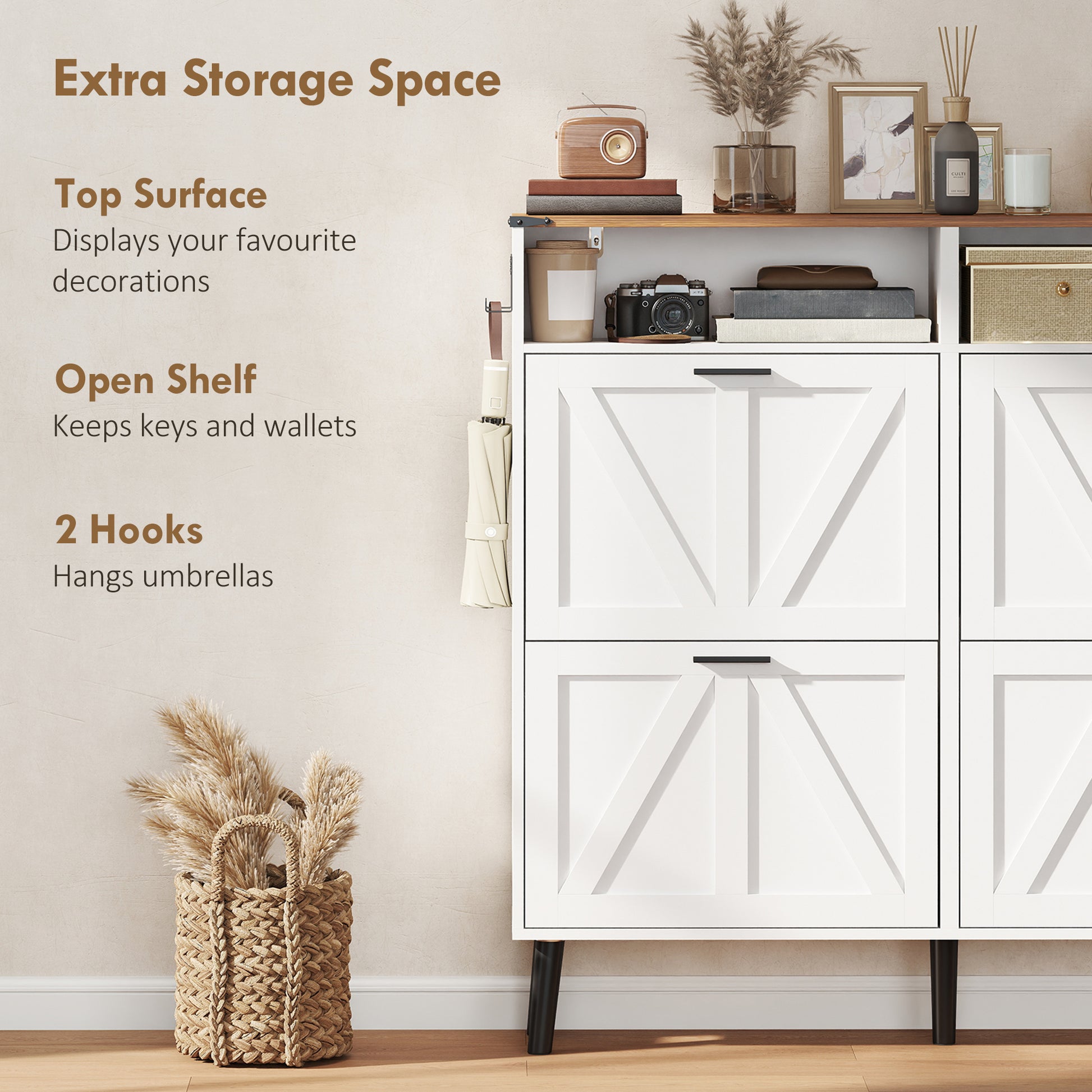 Farmhouse Narrow Shoe Cabinet - 4 Flip Drawers, 24 Pairs White-DECOROLALA