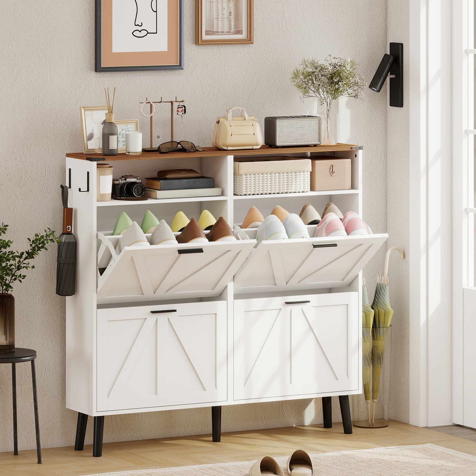 Farmhouse Narrow Shoe Cabinet - 4 Flip Drawers, 24 Pairs White-DECOROLALA