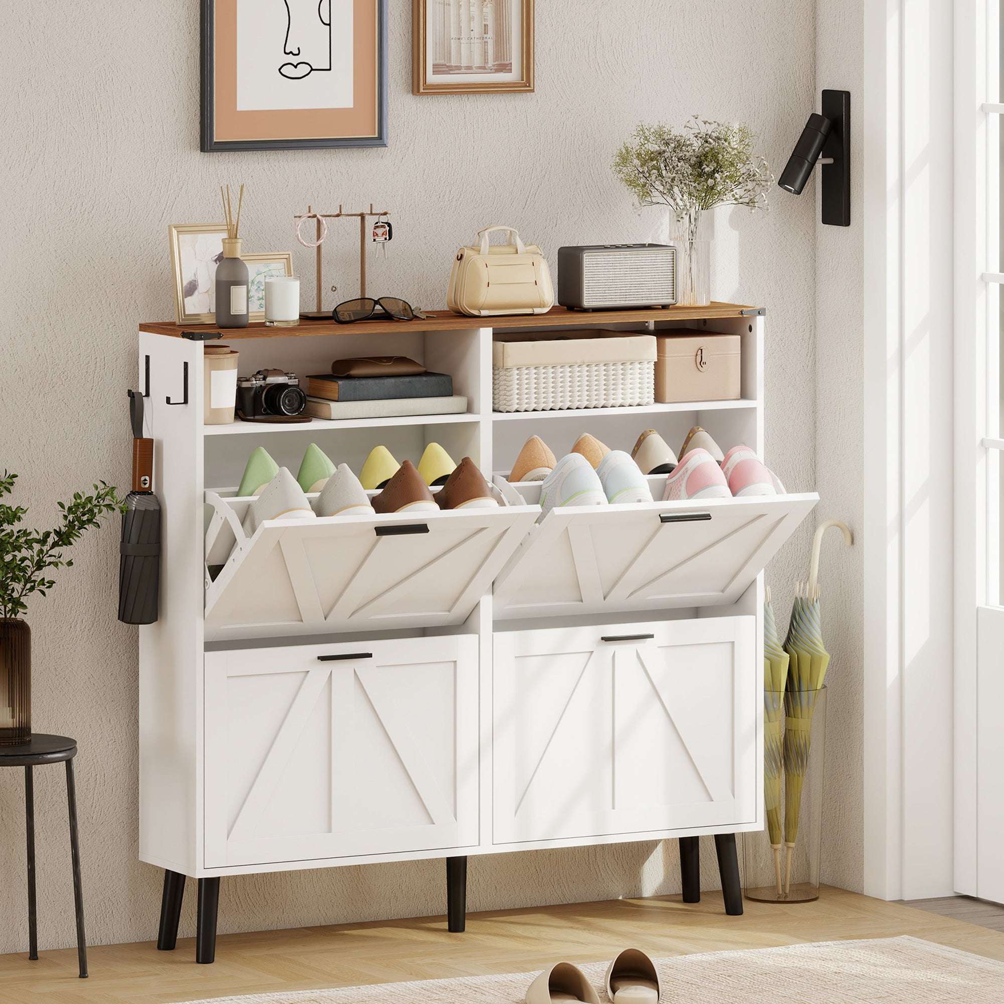 Farmhouse Narrow Shoe Cabinet - 4 Flip Drawers, 24 Pairs White-DECOROLALA