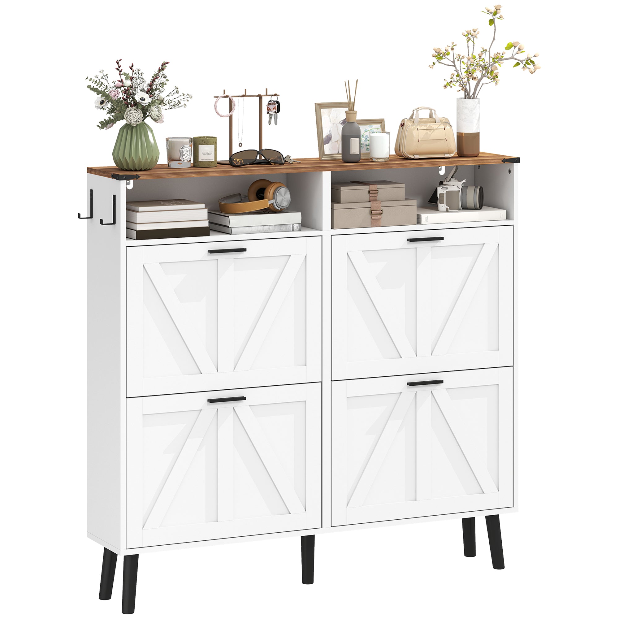 Farmhouse Narrow Shoe Cabinet - 4 Flip Drawers, 24 Pairs White-DECOROLALA