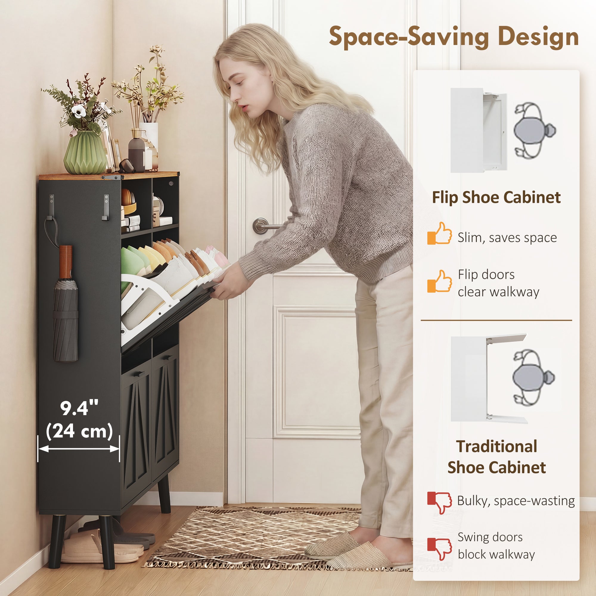 Farmhouse Narrow Shoe Cabinet - 4 Flip Drawers, Black/Brown-DECOROLALA