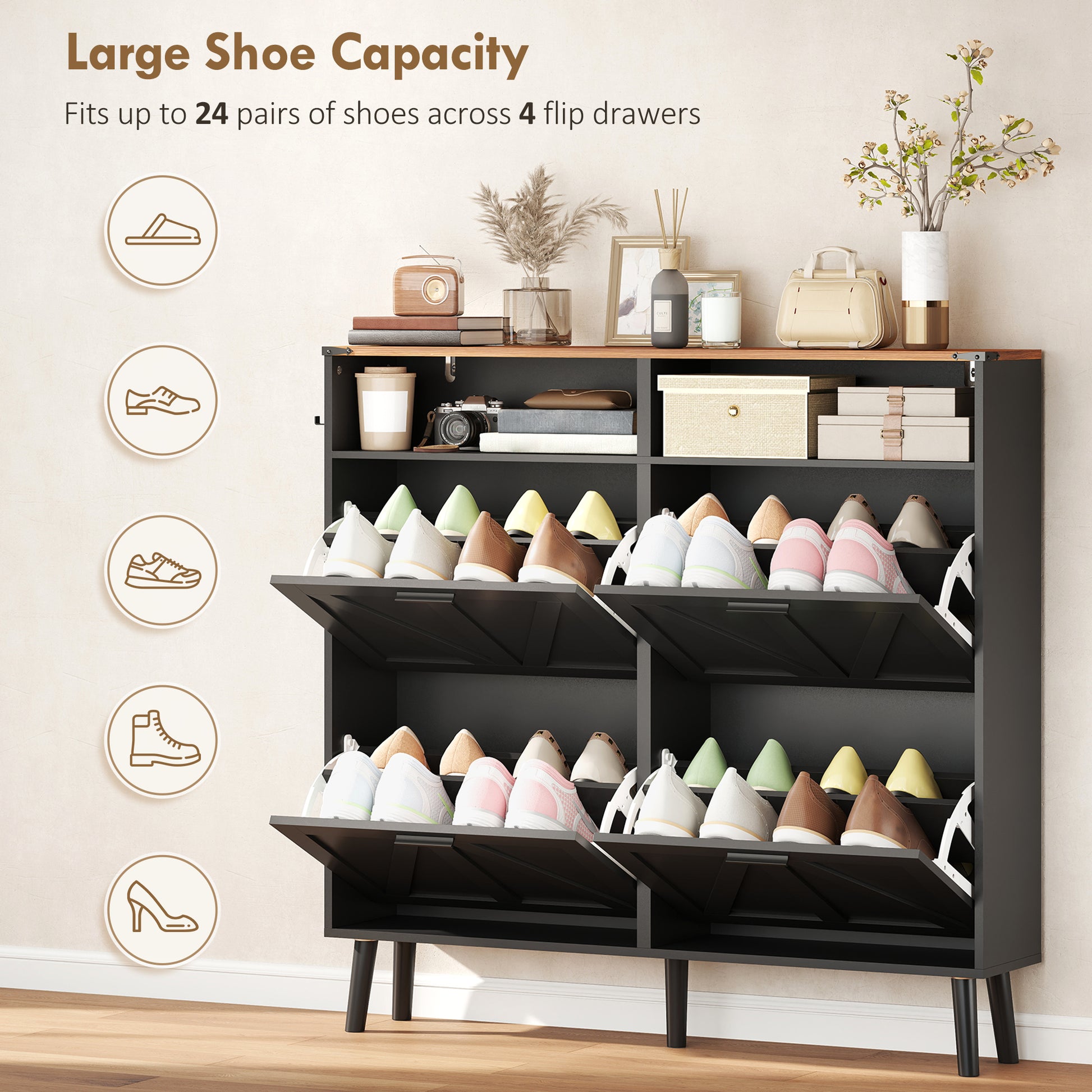 Farmhouse Narrow Shoe Cabinet - 4 Flip Drawers, Black/Brown-DECOROLALA