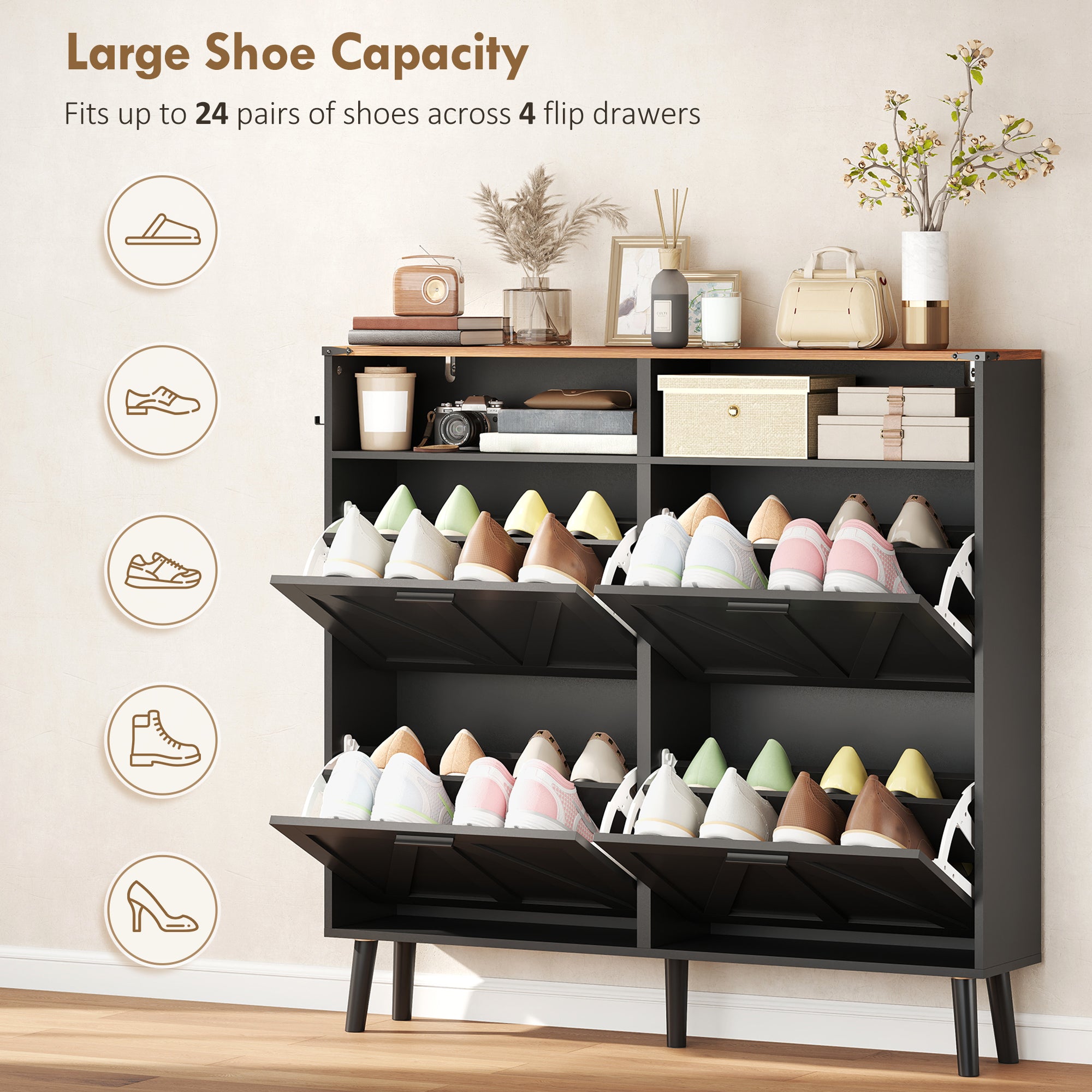 Farmhouse Narrow Shoe Cabinet - 4 Flip Drawers, Black/Brown-DECOROLALA