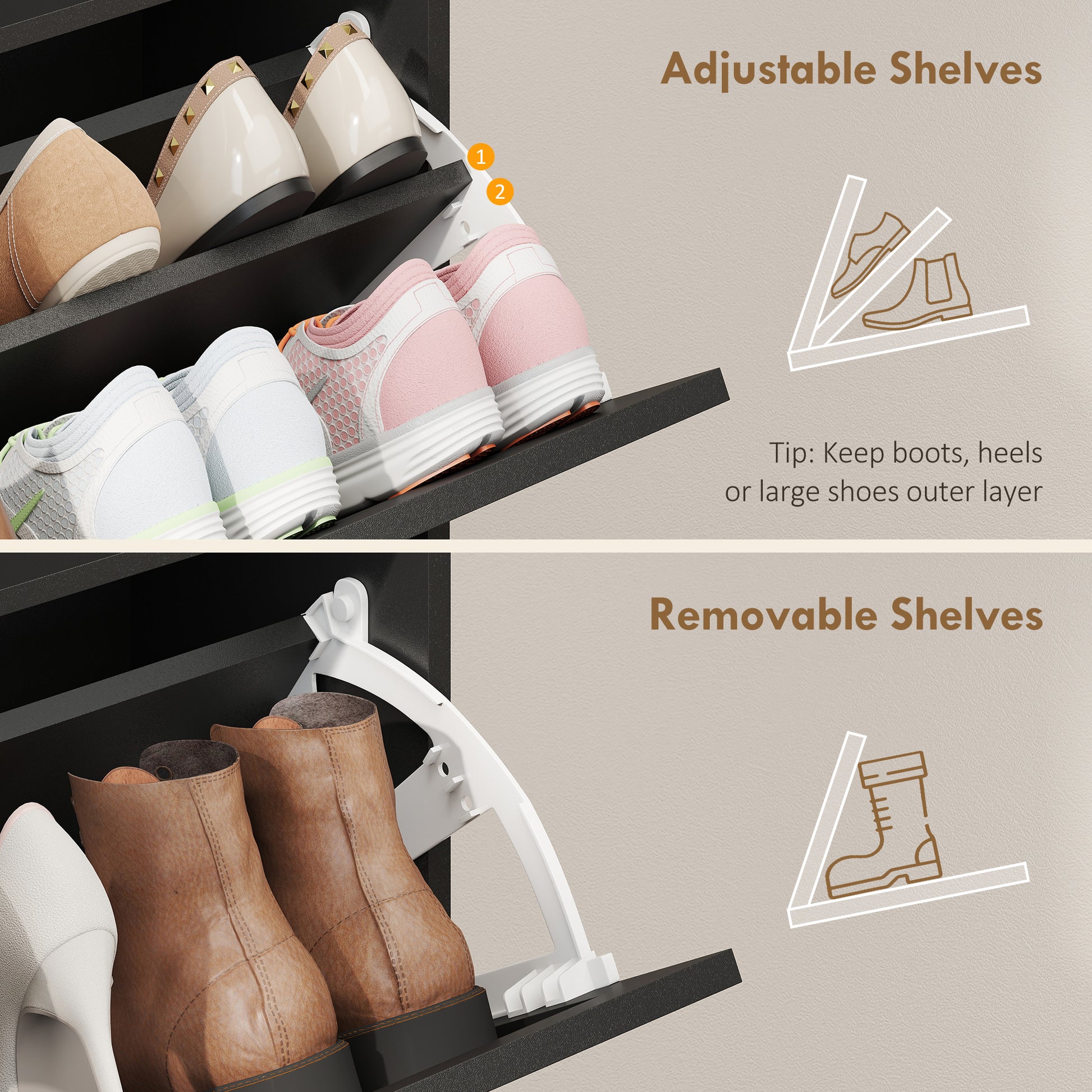 Farmhouse Narrow Shoe Cabinet - 4 Flip Drawers, Black/Brown-DECOROLALA