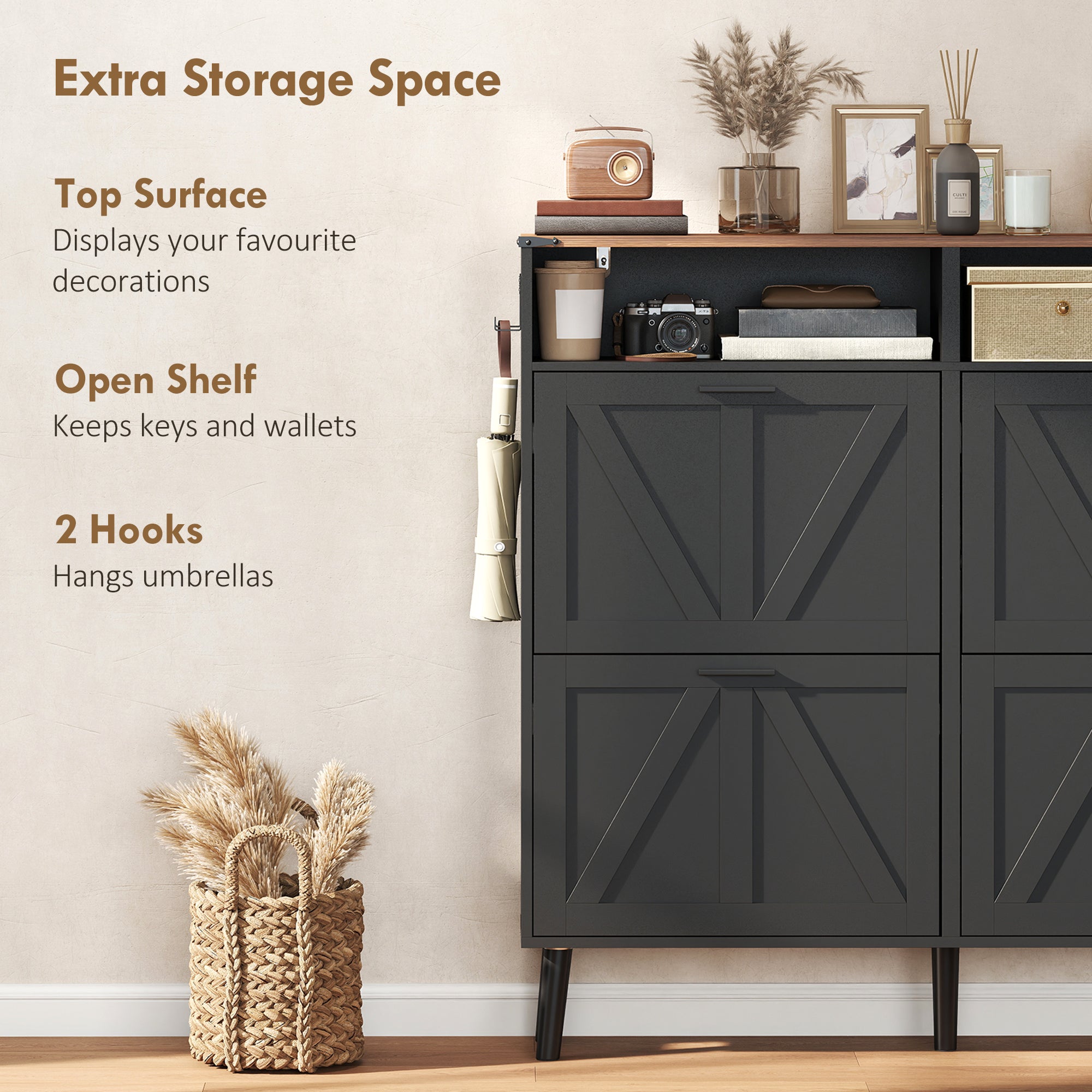 Farmhouse Narrow Shoe Cabinet - 4 Flip Drawers, Black/Brown-DECOROLALA