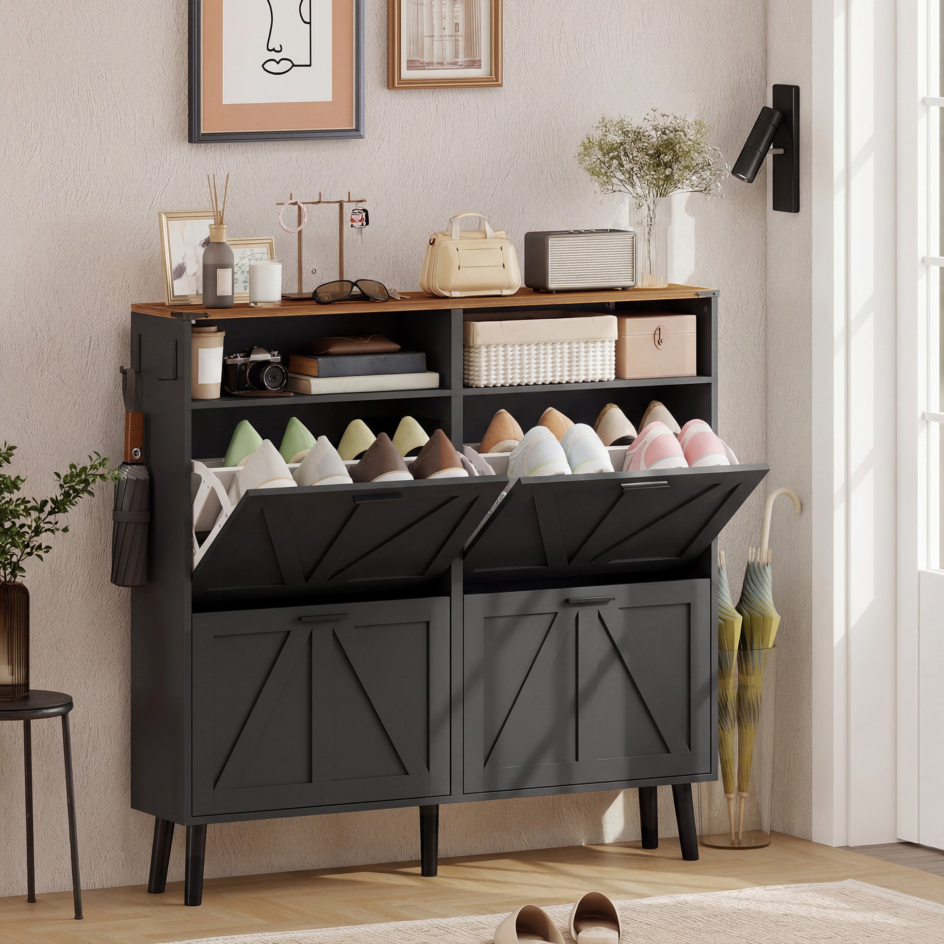 Farmhouse Narrow Shoe Cabinet - 4 Flip Drawers, Black/Brown-DECOROLALA