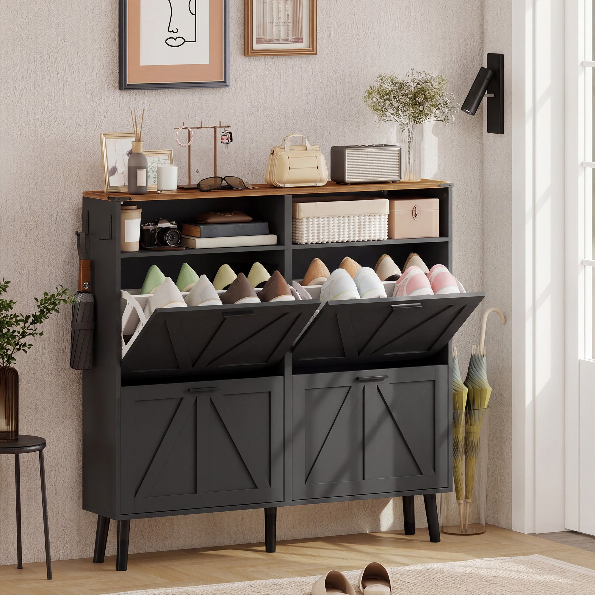 Farmhouse Narrow Shoe Cabinet - 4 Flip Drawers, Black/Brown-DECOROLALA