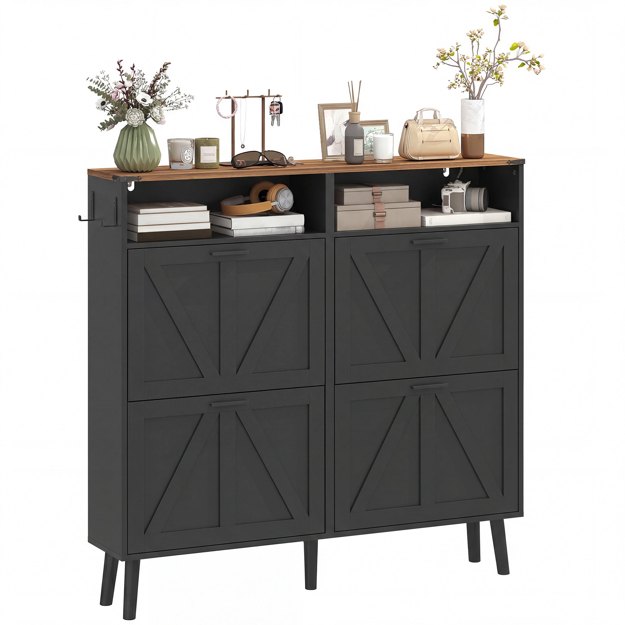 Farmhouse Narrow Shoe Cabinet - 4 Flip Drawers, Black/Brown-DECOROLALA
