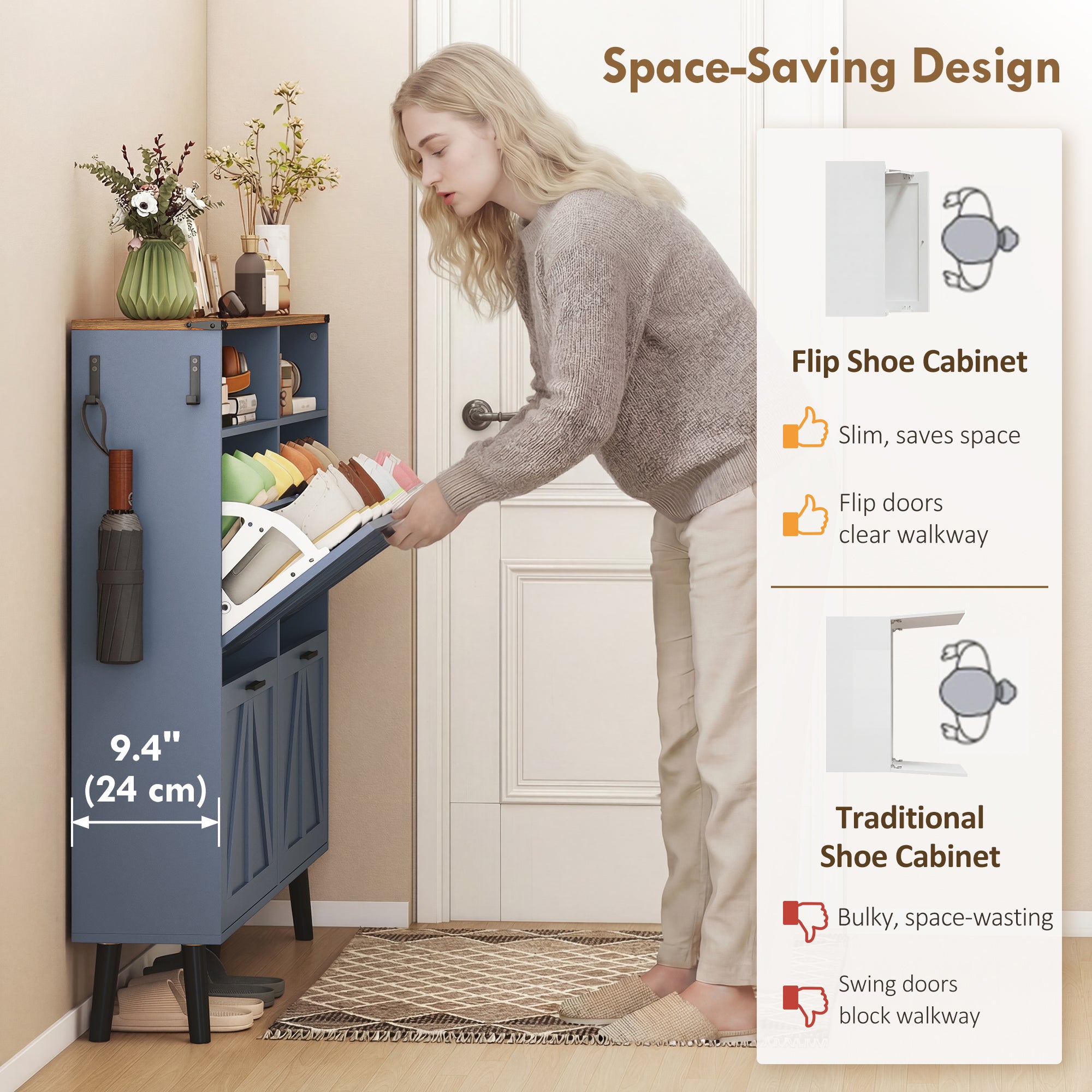 Farmhouse Narrow Shoe Cabinet - 4 Flip Drawers, Blue 47" W-DECOROLALA