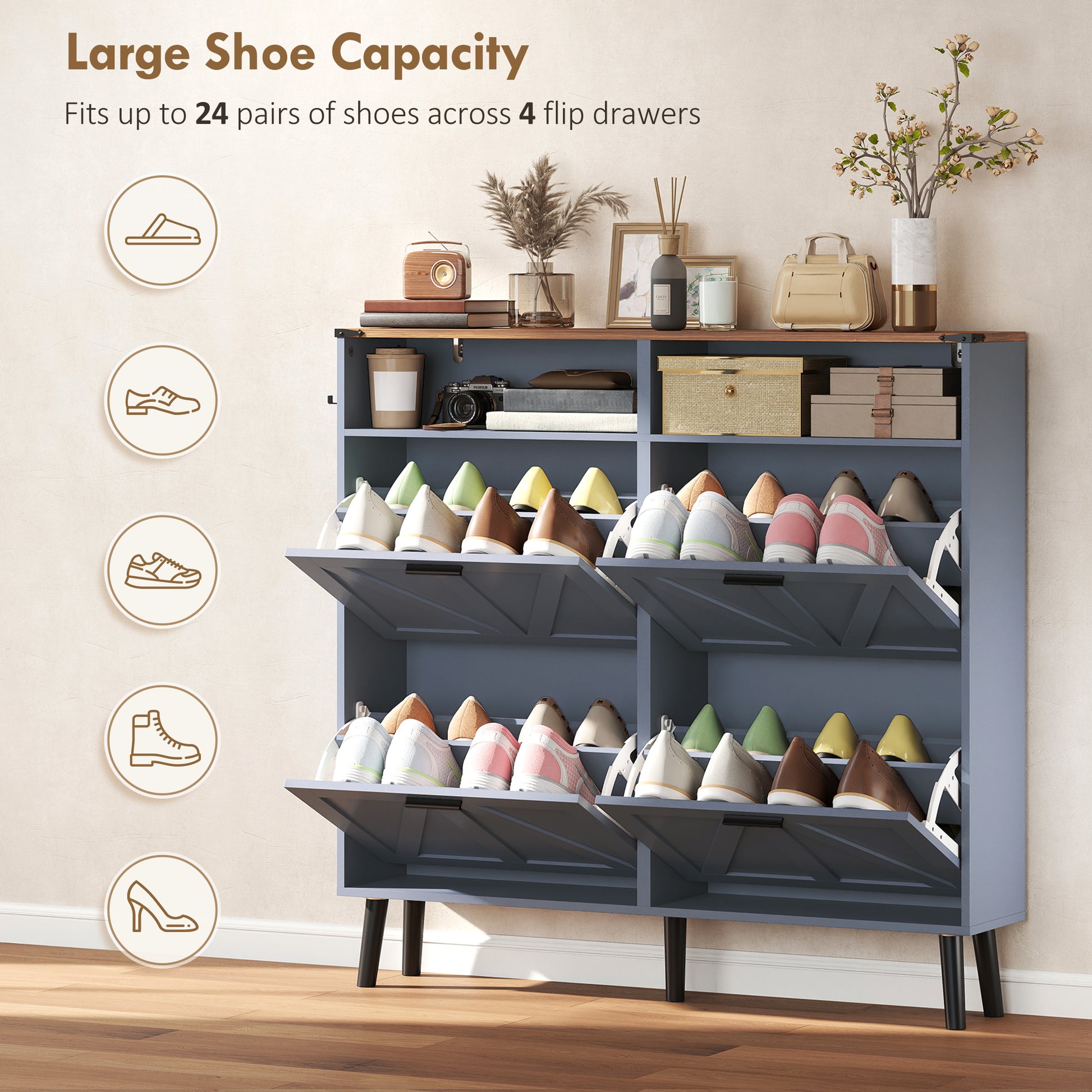 Farmhouse Narrow Shoe Cabinet - 4 Flip Drawers, Blue 47" W-DECOROLALA