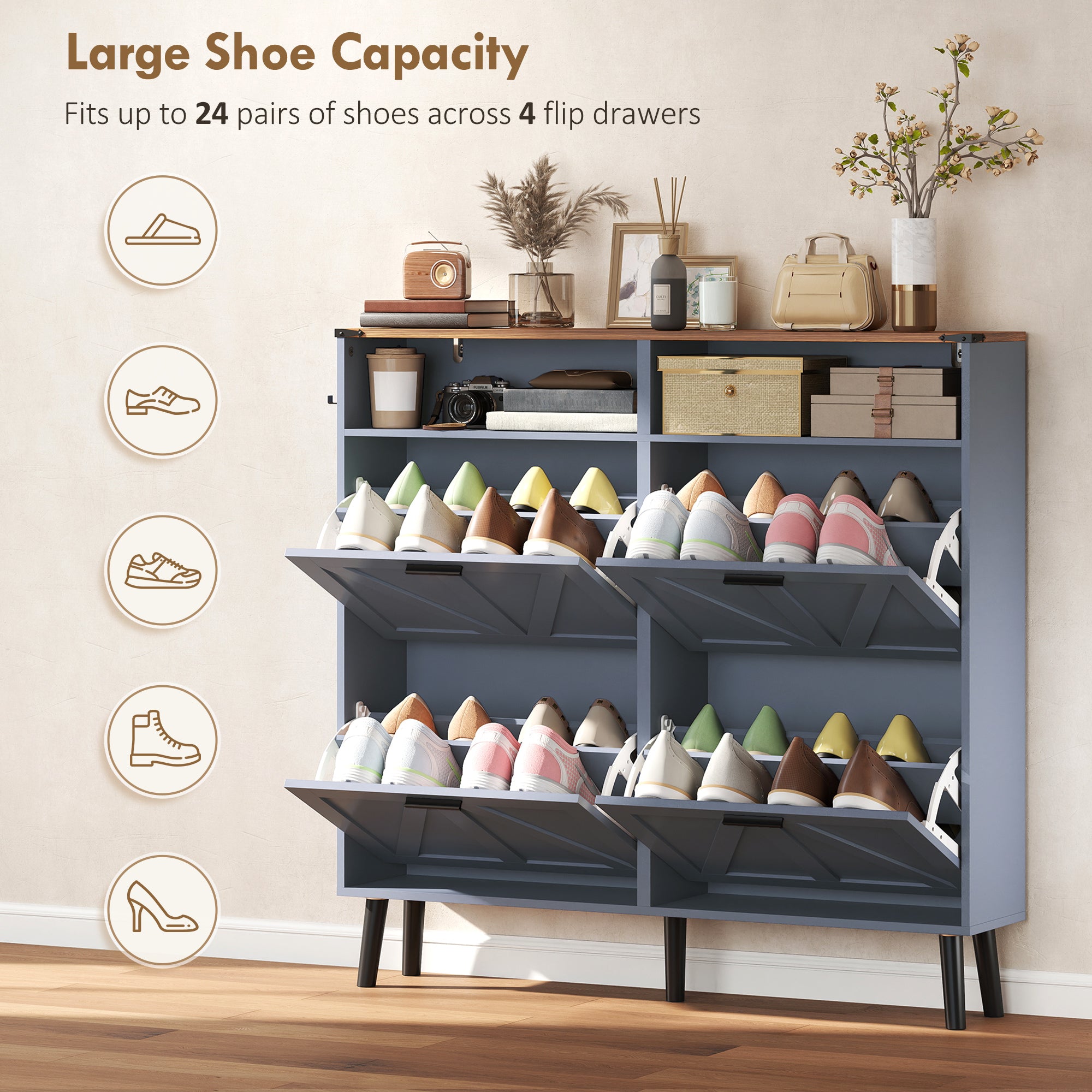 Farmhouse Narrow Shoe Cabinet - 4 Flip Drawers, Blue 47" W-DECOROLALA