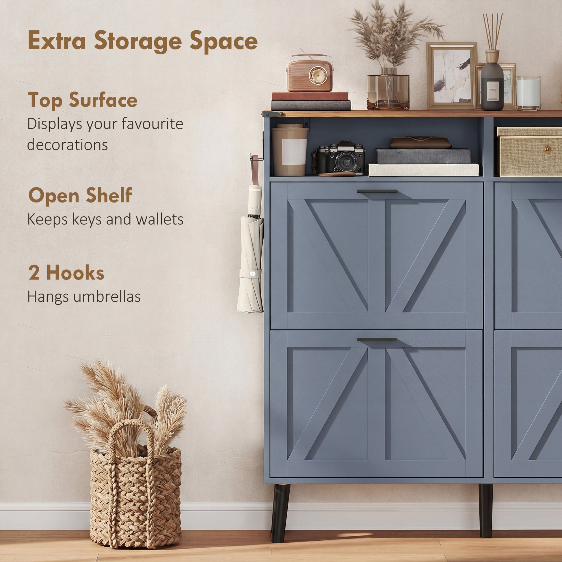 Farmhouse Narrow Shoe Cabinet - 4 Flip Drawers, Blue 47" W-DECOROLALA
