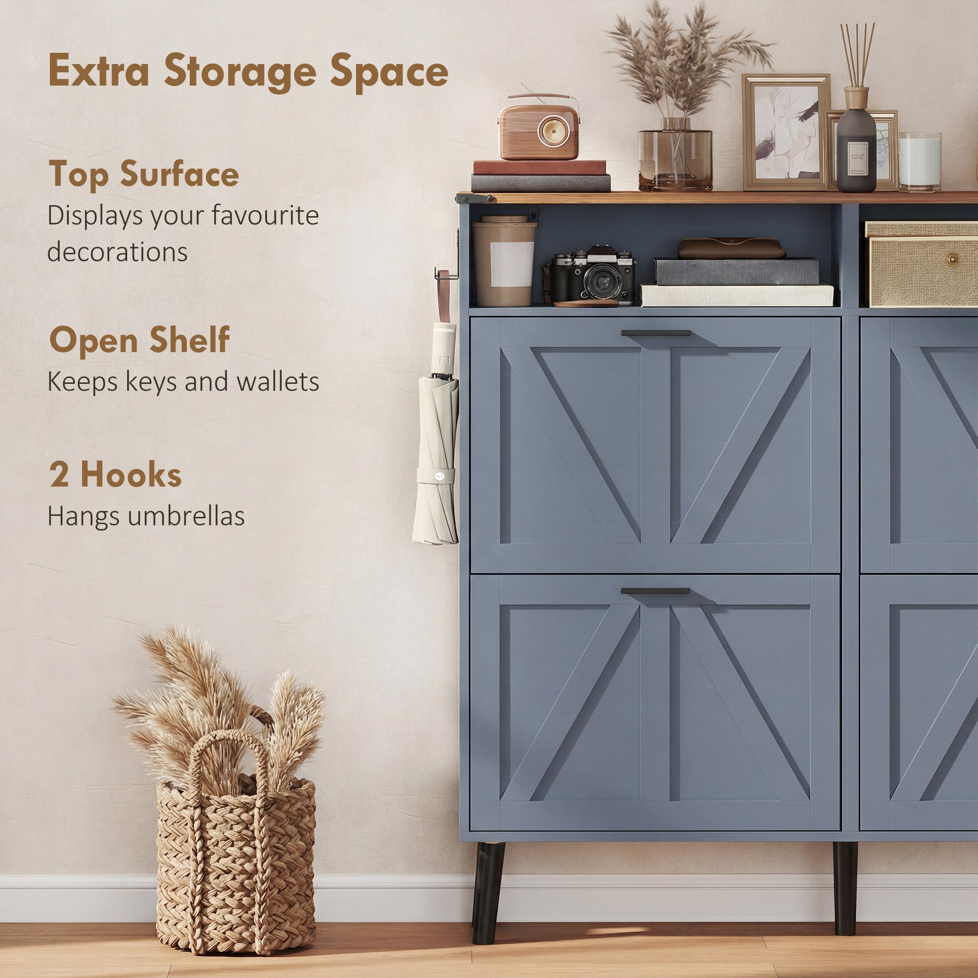 Farmhouse Narrow Shoe Cabinet - 4 Flip Drawers, Blue 47" W-DECOROLALA