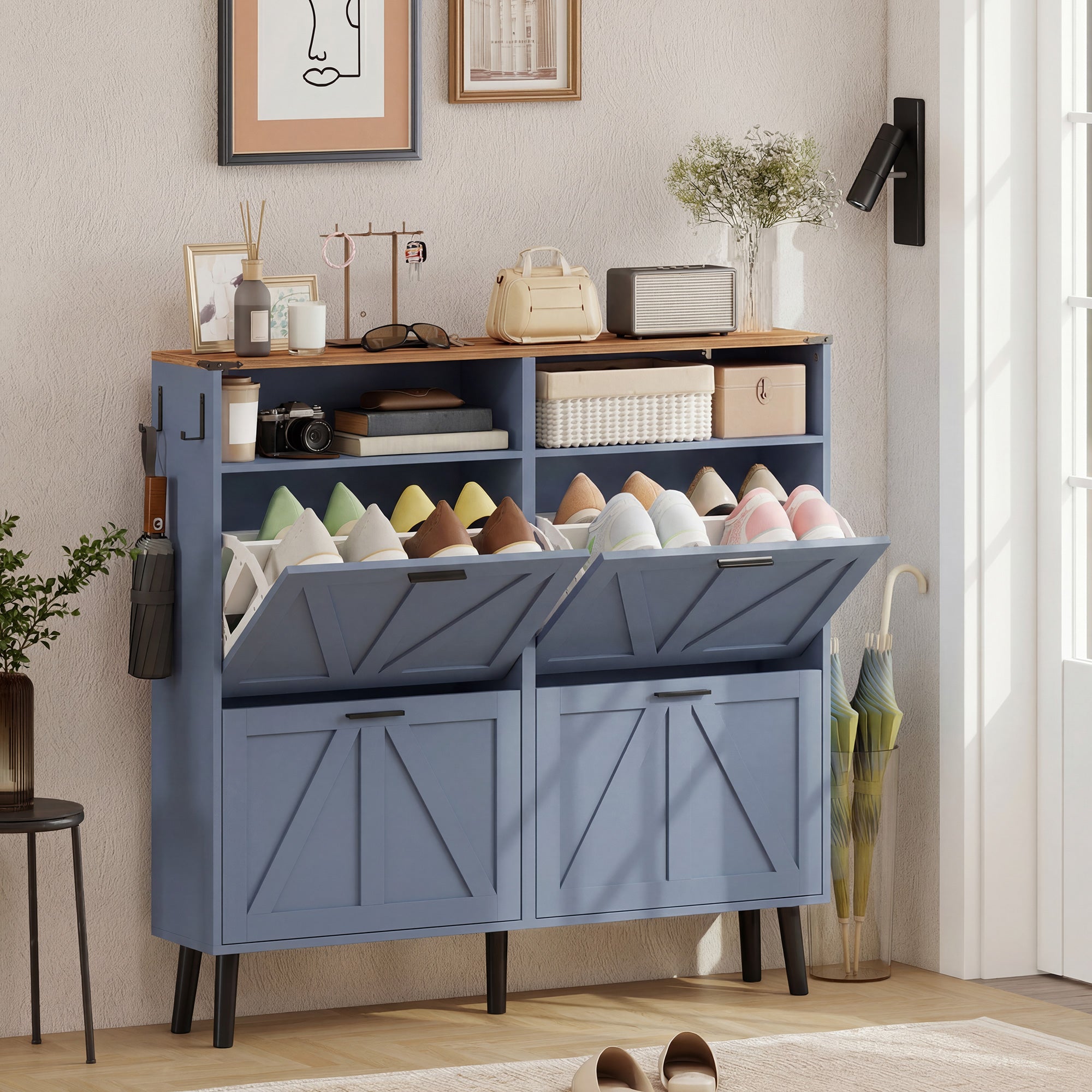 Farmhouse Narrow Shoe Cabinet - 4 Flip Drawers, Blue 47" W-DECOROLALA