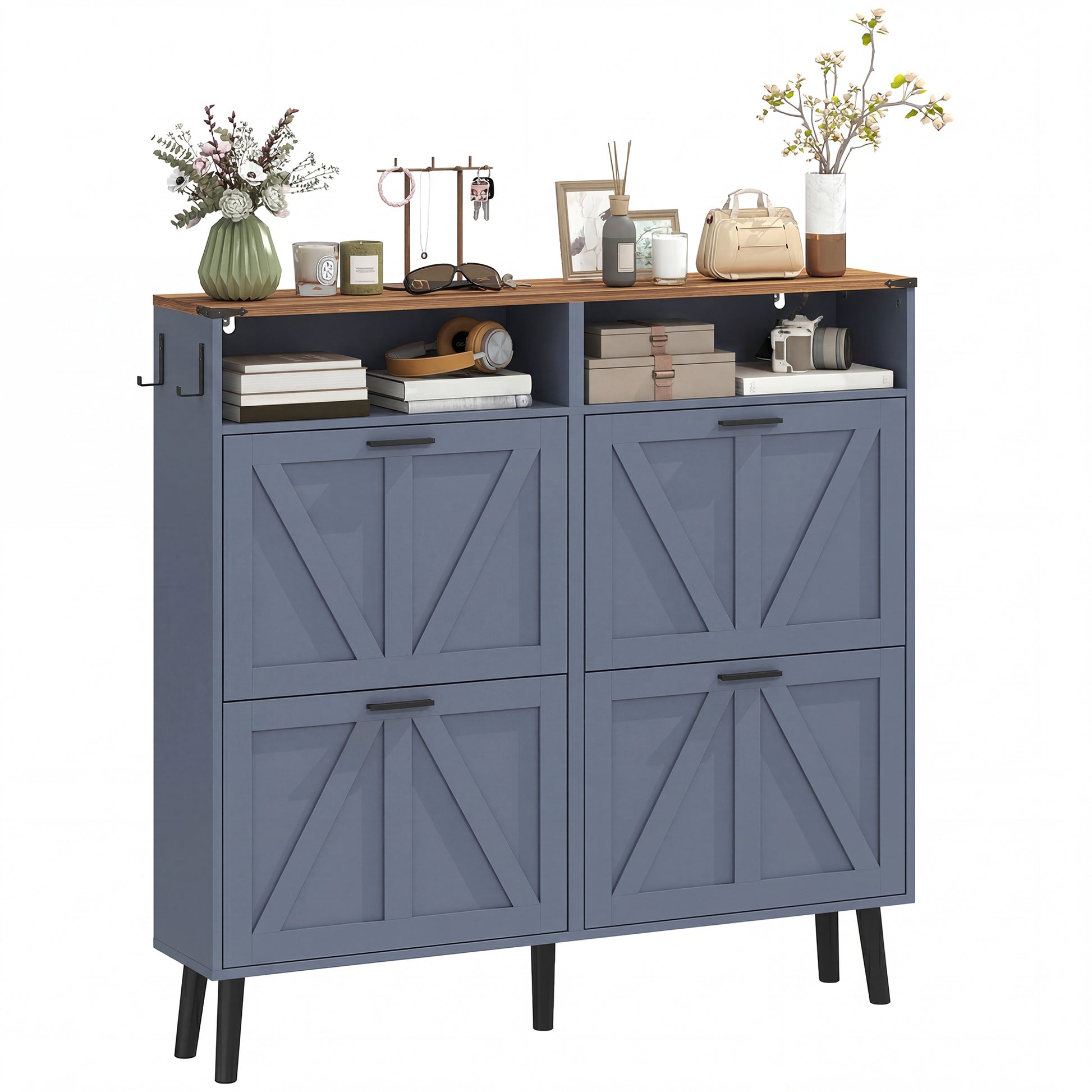 Farmhouse Narrow Shoe Cabinet - 4 Flip Drawers, Blue 47" W-DECOROLALA