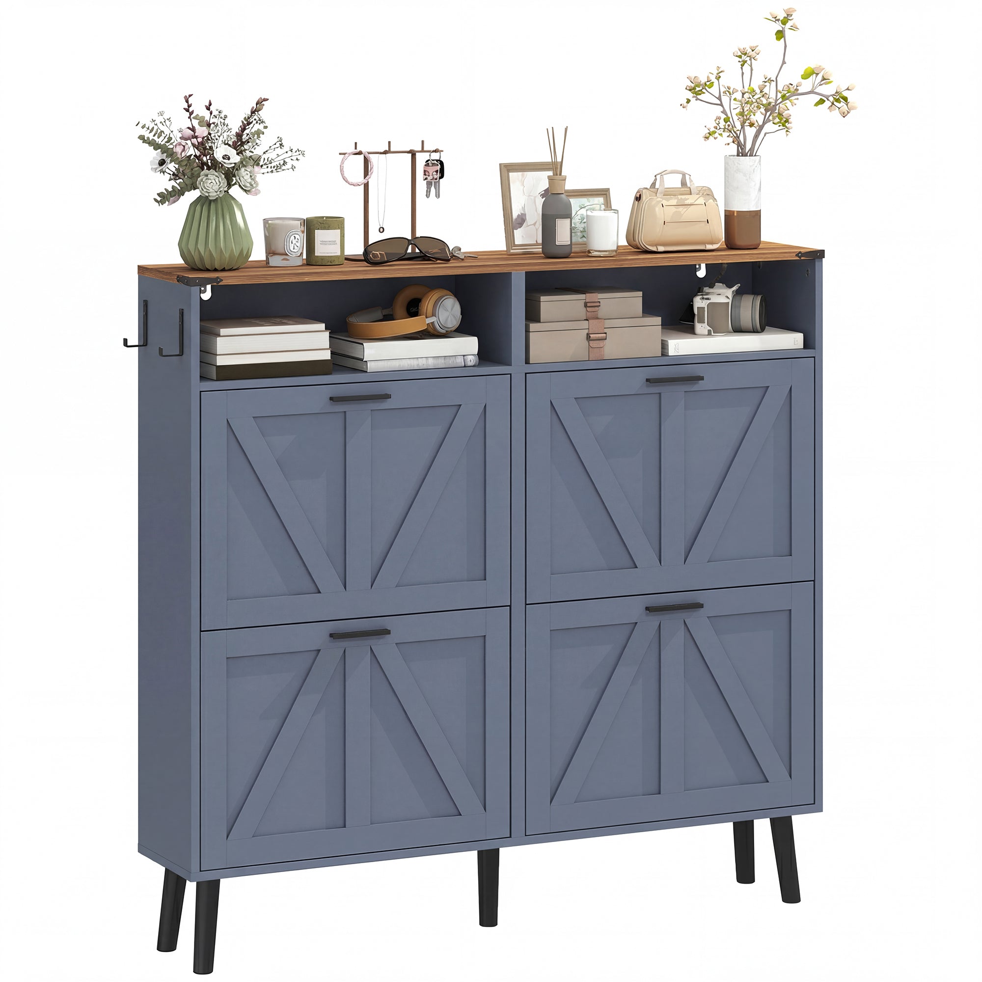 Farmhouse Narrow Shoe Cabinet - 4 Flip Drawers, Blue 47" W-DECOROLALA