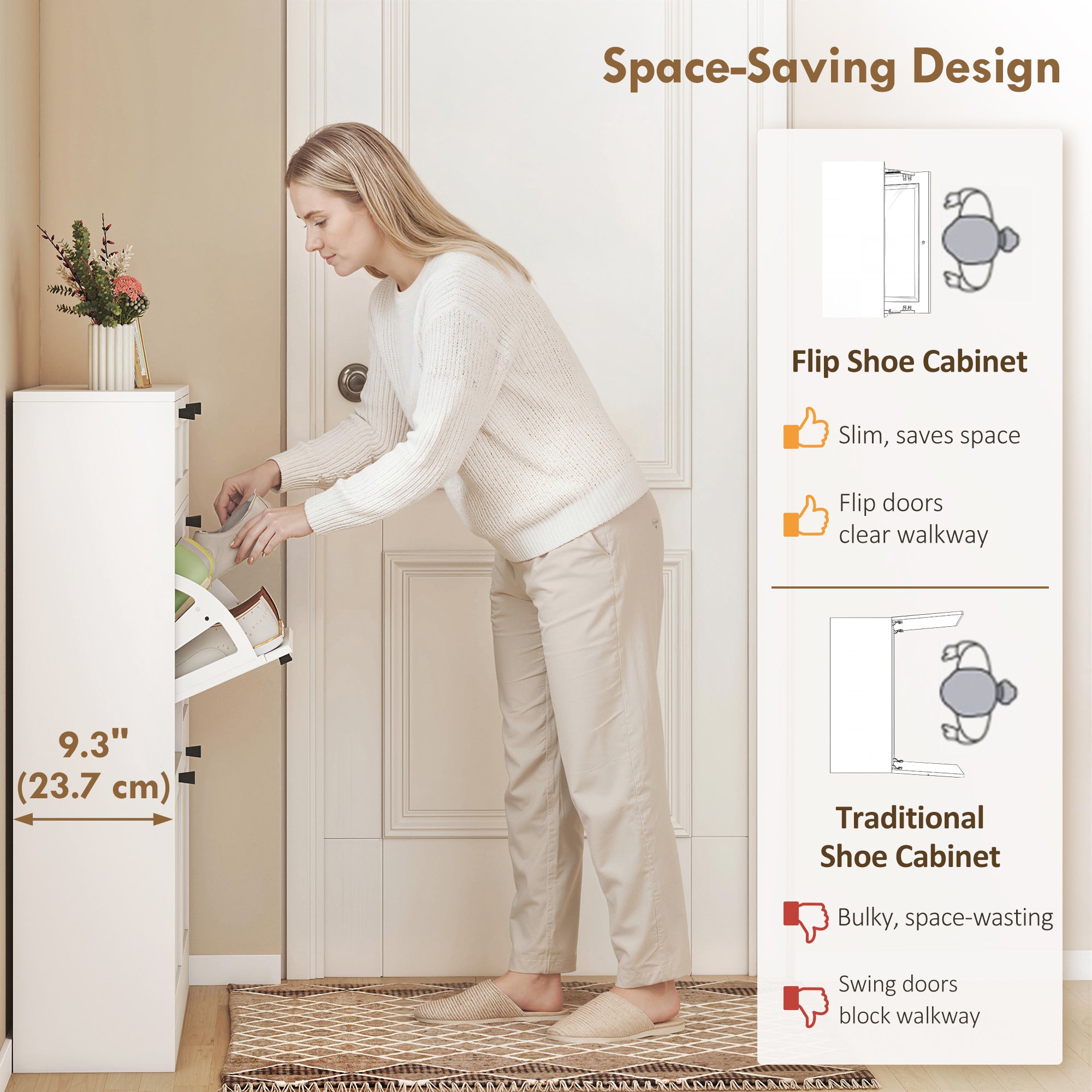 Farmhouse Narrow Shoe Cabinet with 2 Flip Drawers - White-DECOROLALA