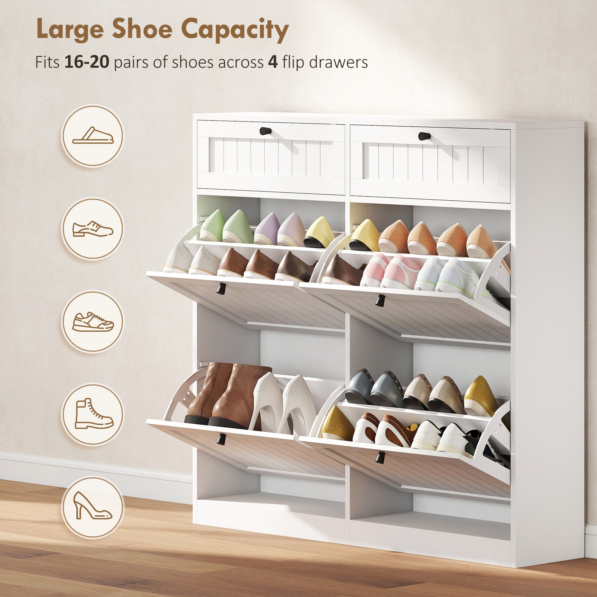 Farmhouse Narrow Shoe Cabinet with 2 Flip Drawers - White-DECOROLALA