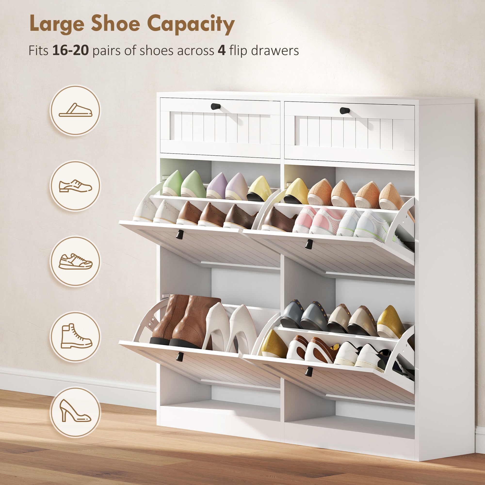 Farmhouse Narrow Shoe Cabinet with 2 Flip Drawers - White-DECOROLALA